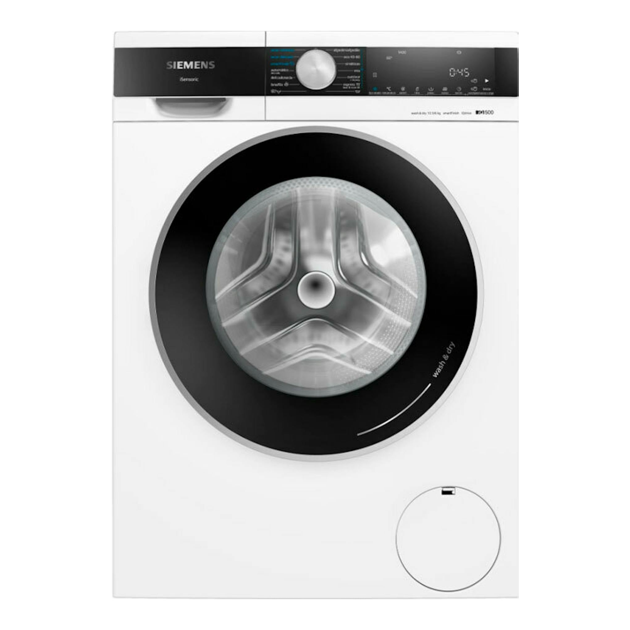 Lavasecadora Siemens WN44G2A0ES blanca, vista frontal, con puerta circular negra y panel digital superior.