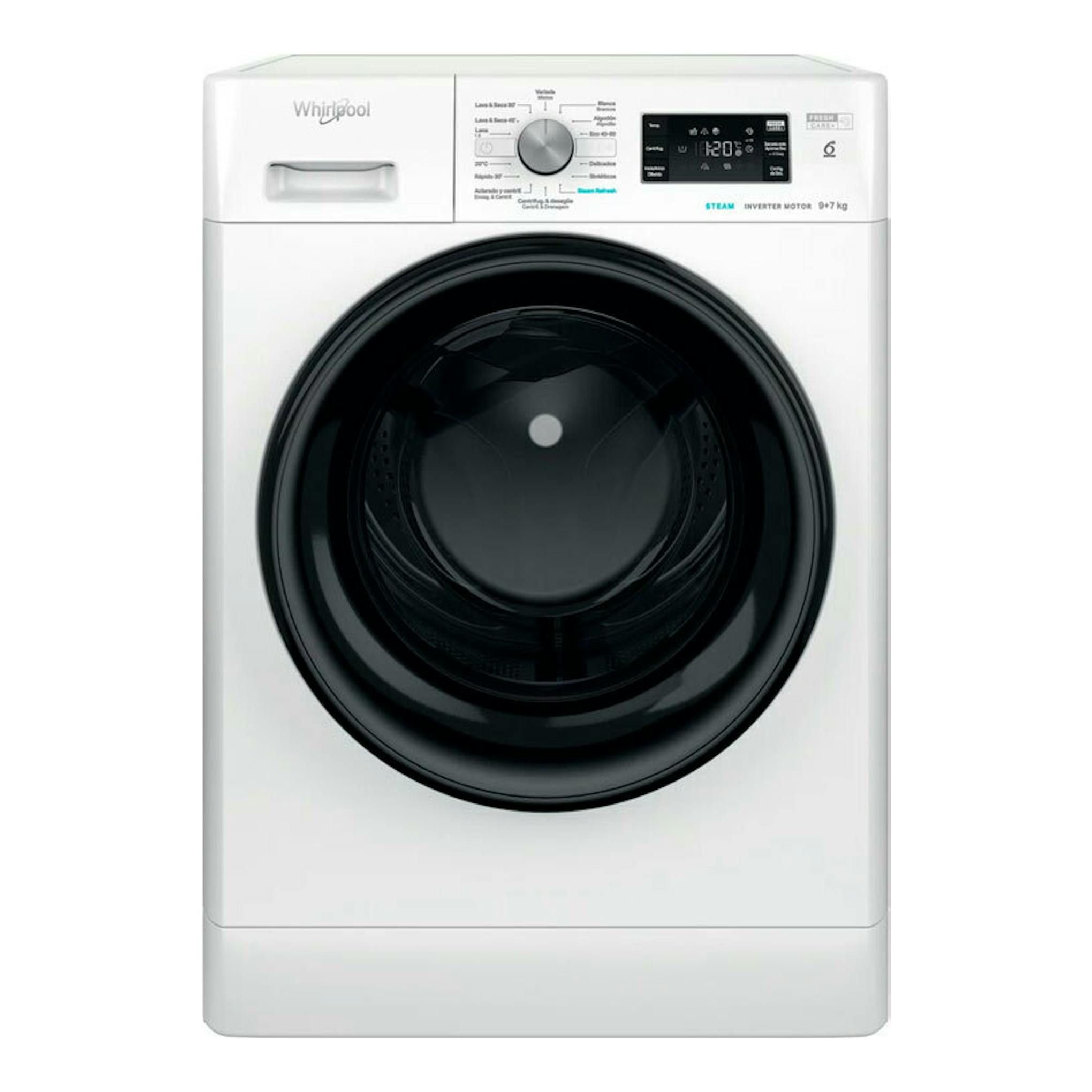 Lavasecadora Whirlpool FFWDB976258BVSPT blanca, vista frontal, con puerta negra circular y panel digital.