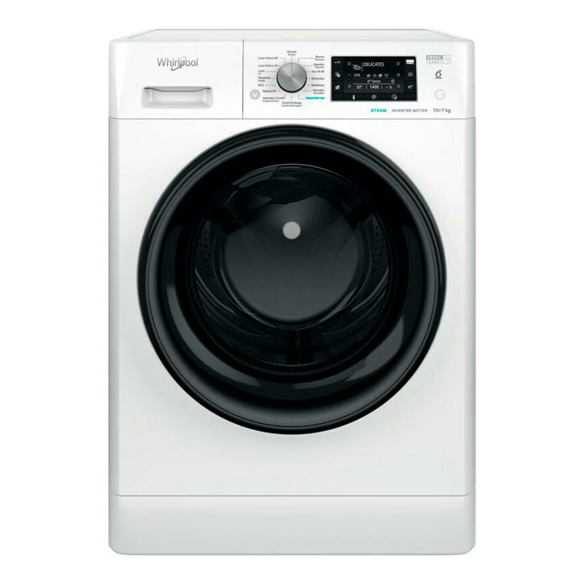 Lavasecadora Whirlpool FWDD1074269BVSPT 10 kg, blanca, vista frontal, con puerta circular negra.