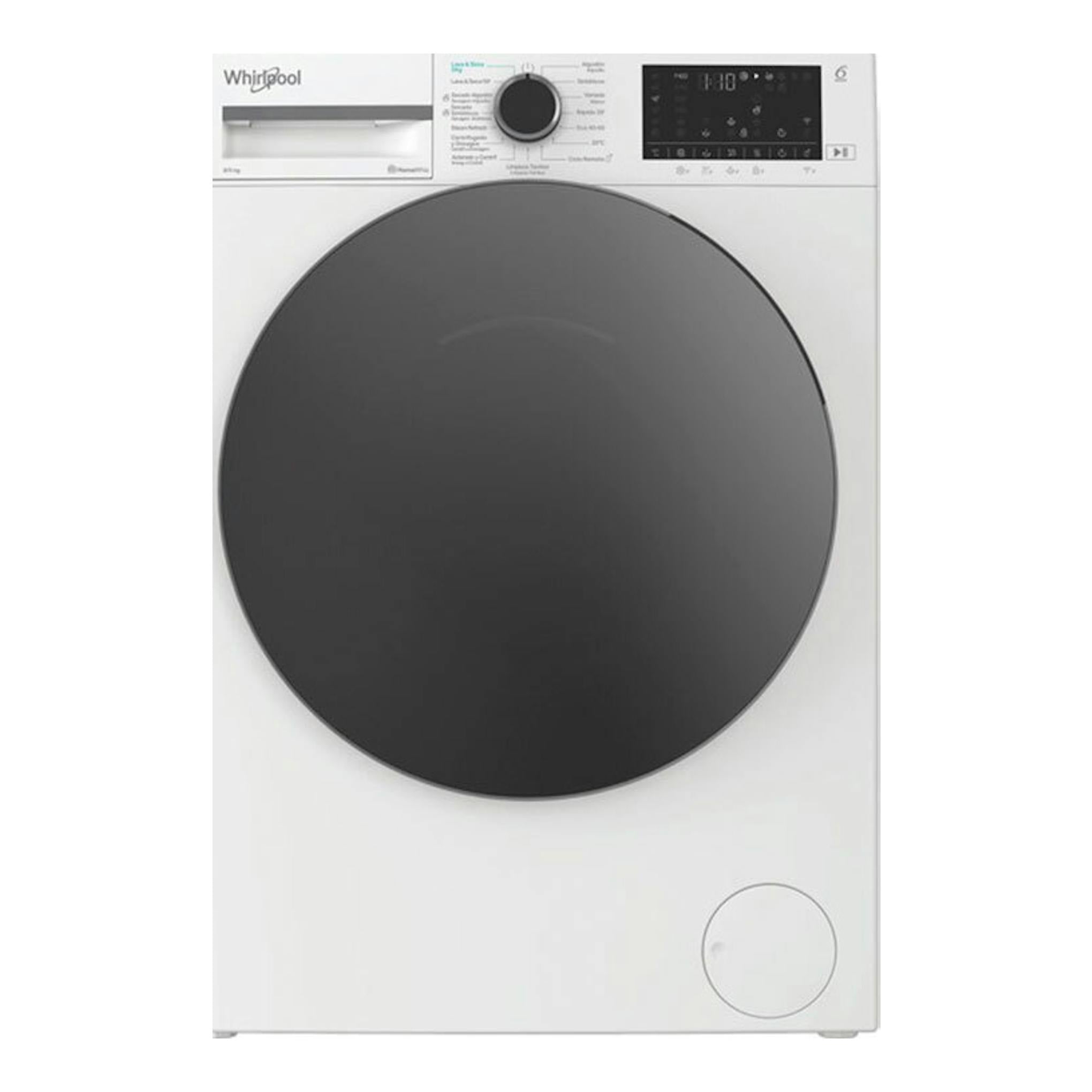 Lavasecadora Whirlpool WAD 8536WBC SPT blanca, vista frontal, con puerta circular negra y panel superior.