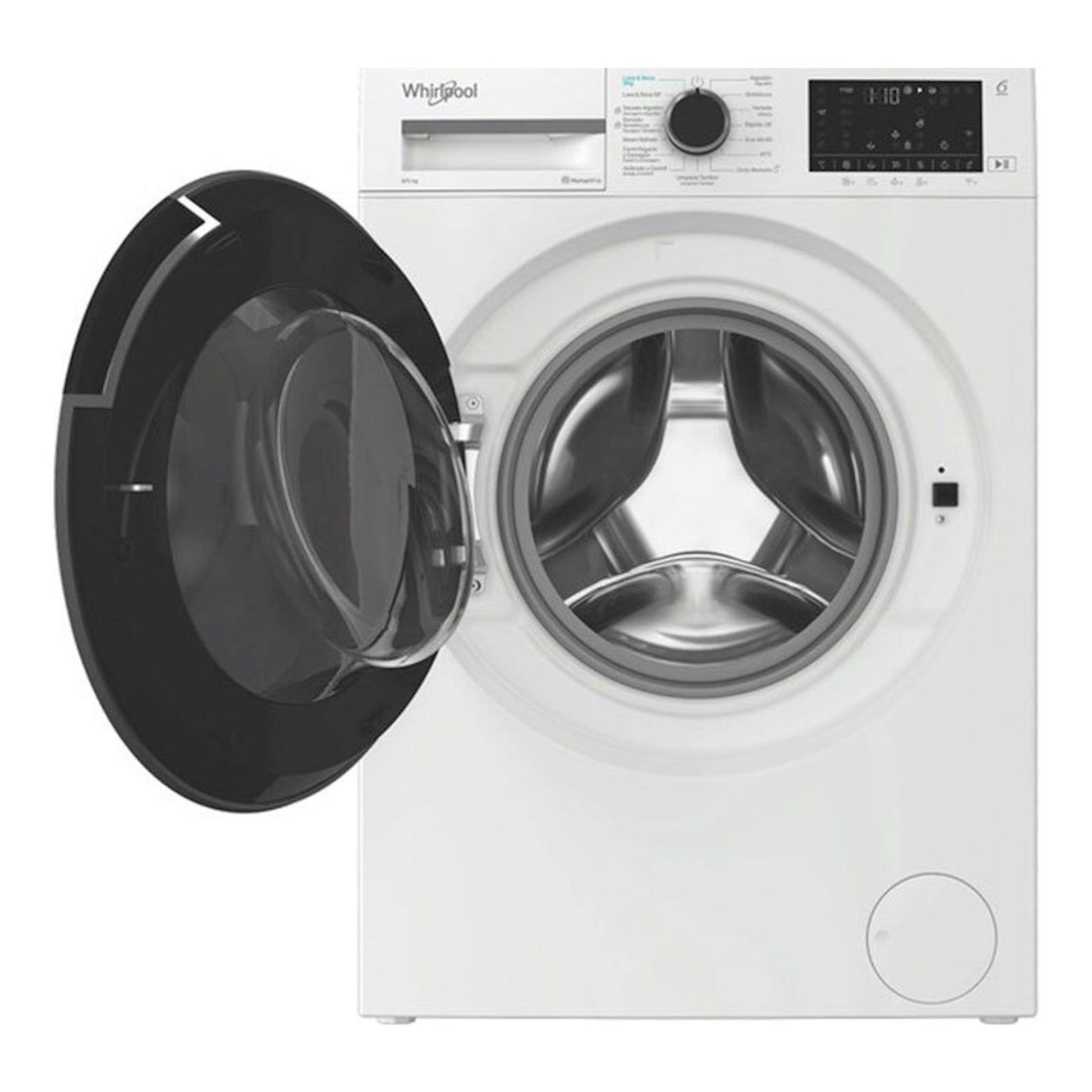Lavasecadora Whirlpool WAD 8536WBC SPT blanca, vista frontal, con puerta negra abierta.