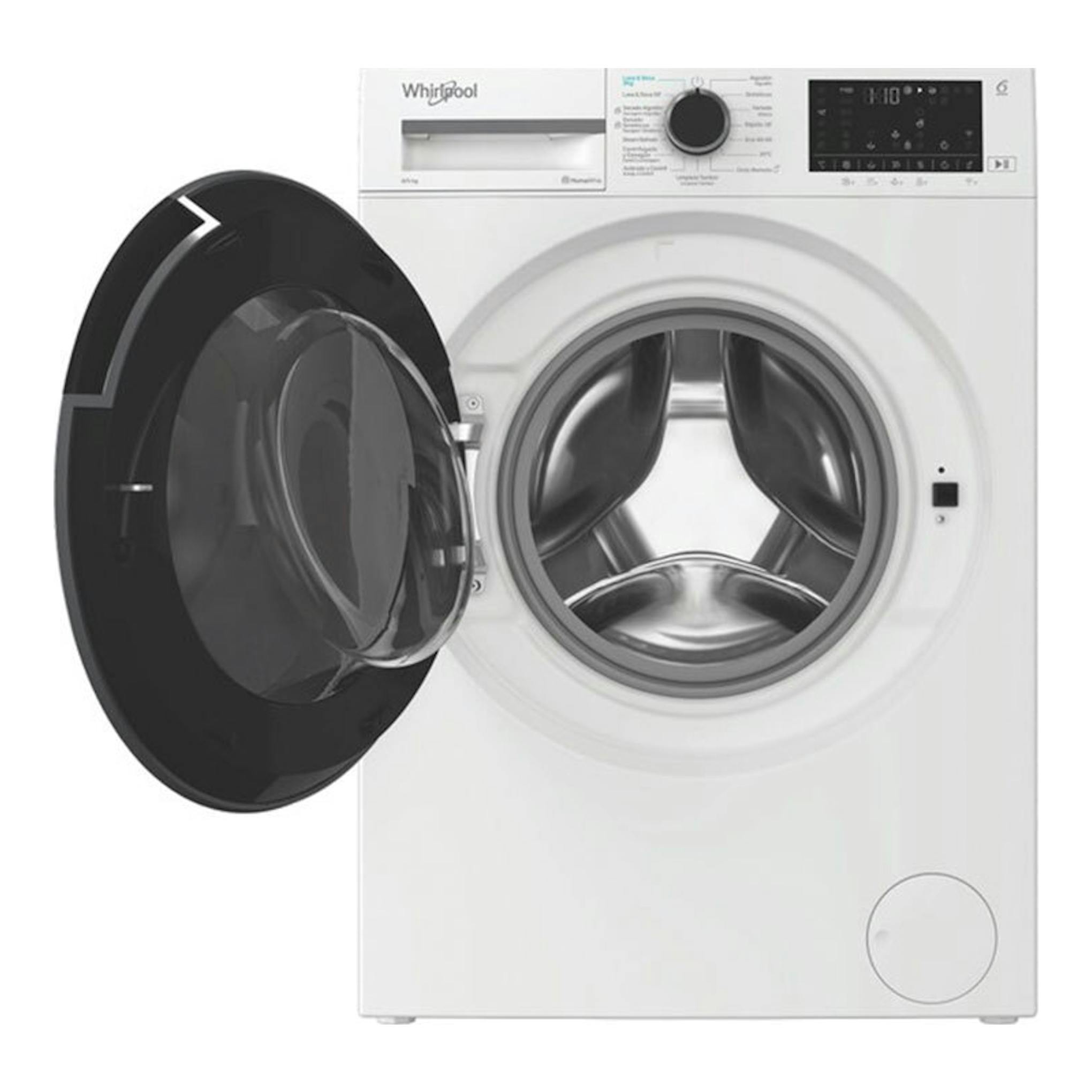 Lavasecadora Whirlpool WAD 8536WBC SPT blanca, vista frontal, con puerta negra abierta.