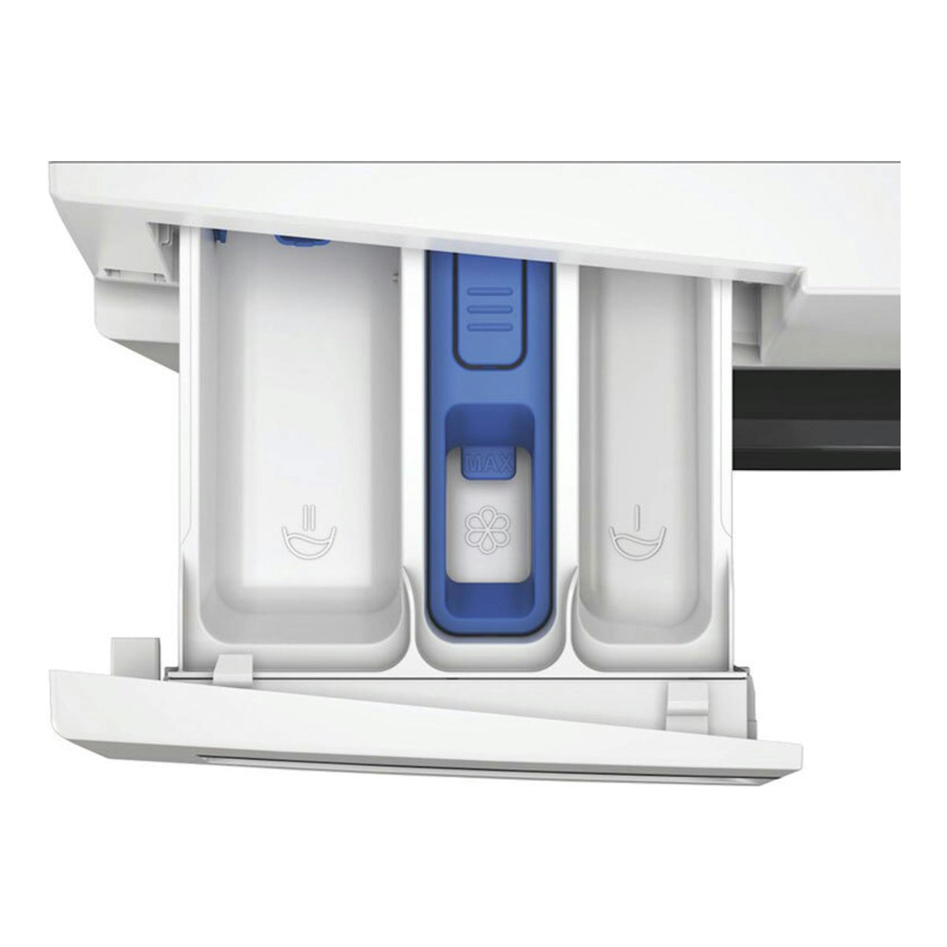 Lavasecadora Whirlpool WAD 8536WBC SPT, cajón de detergente blanco y azul, vista frontal en primer plano.