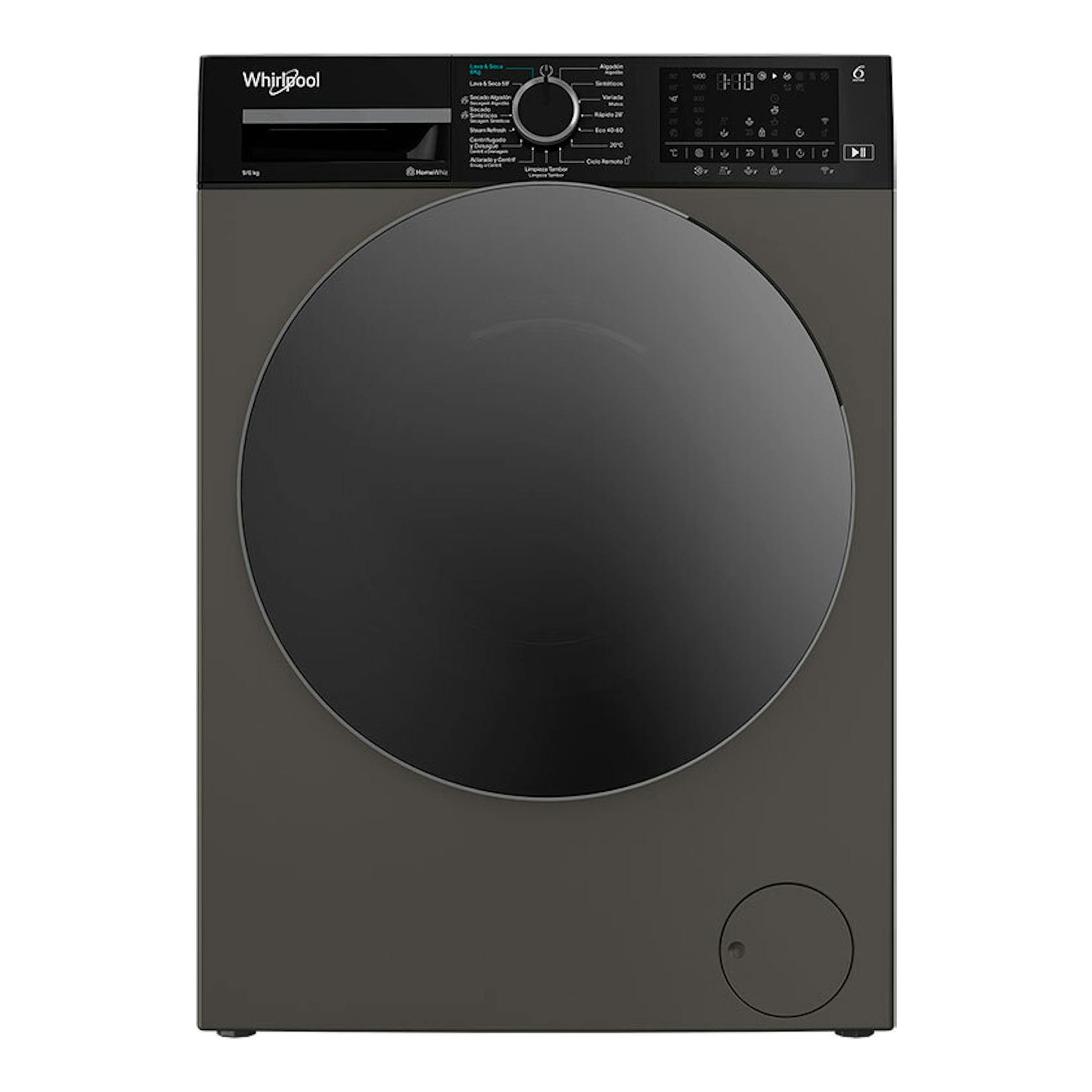 Lavasecadora Whirlpool WAD 9636G SPT, vista frontal, color negro/gris oscuro, puerta circular y panel digital.