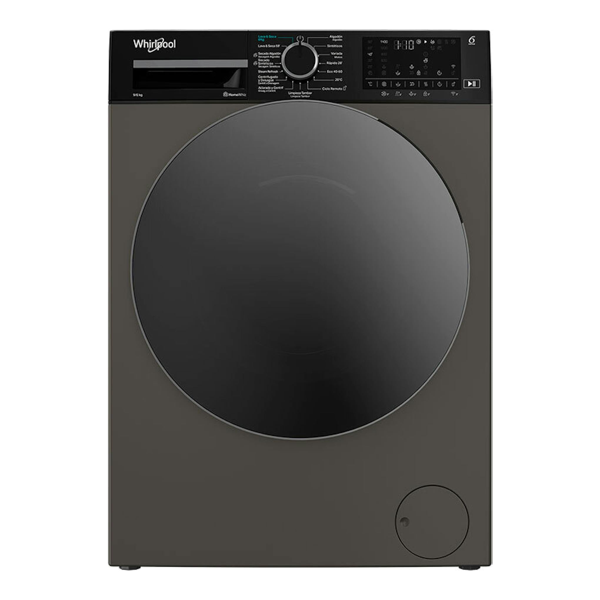 Lavasecadora Whirlpool WAD 9636G SPT, vista frontal, color negro/gris oscuro, puerta circular y panel digital.