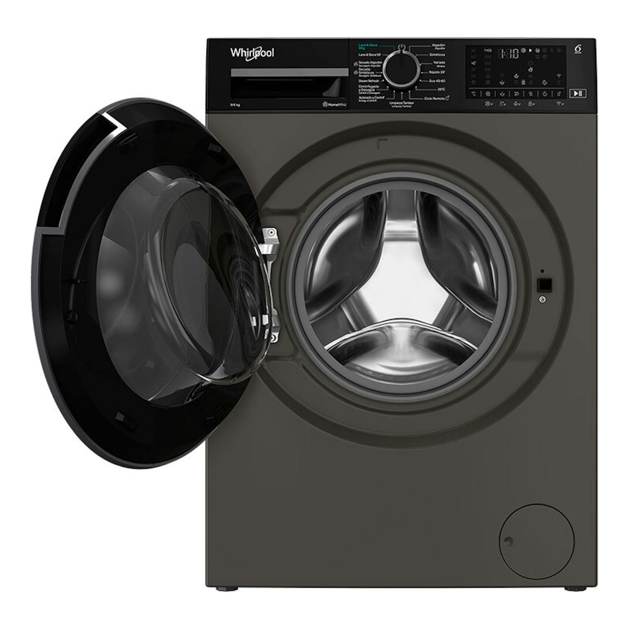 Lavasecadora Whirlpool WAD 9636G SPT de 9 kg, vista frontal, color gris oscuro, con puerta abatible abierta.