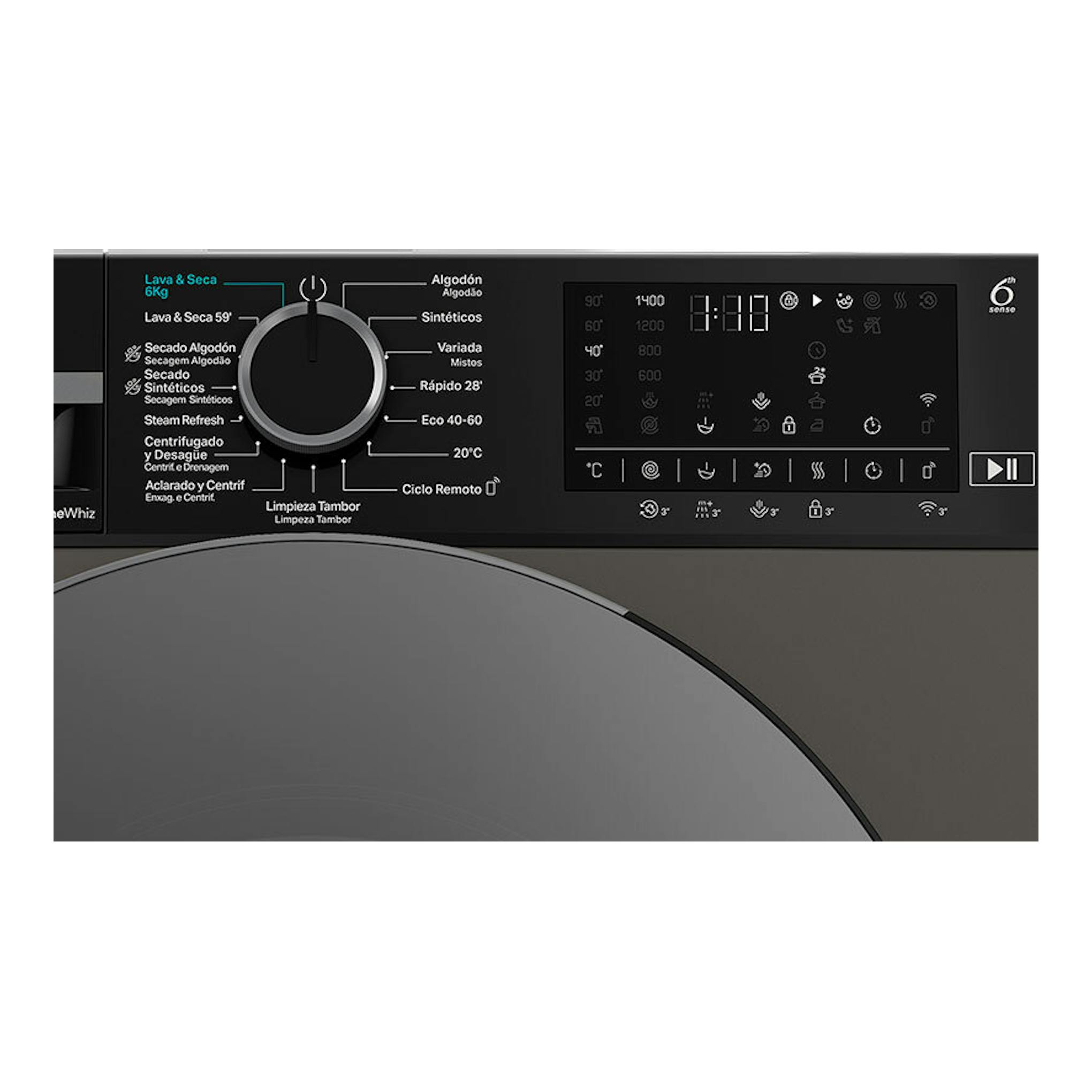 Lavasecadora Whirlpool WAD 9636G SPT negra, vista frontal parcial del panel de control y selector.