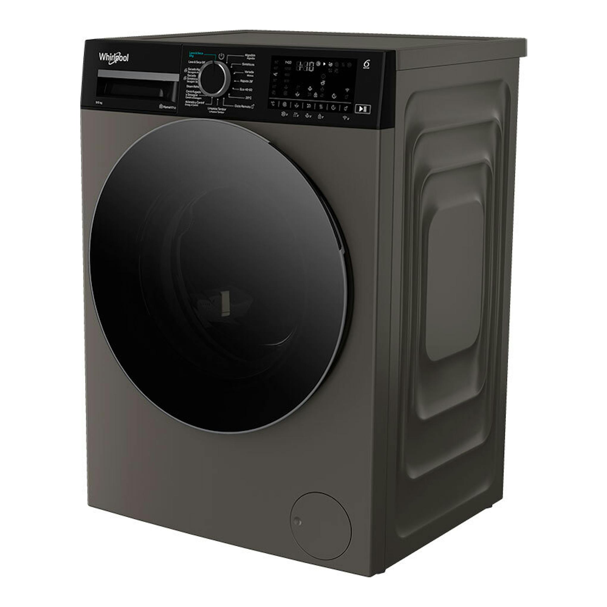 Lavasecadora Whirlpool WAD 9636G SPT 9Kg, vista frontal, gris oscuro, con puerta negra y panel digital superior.