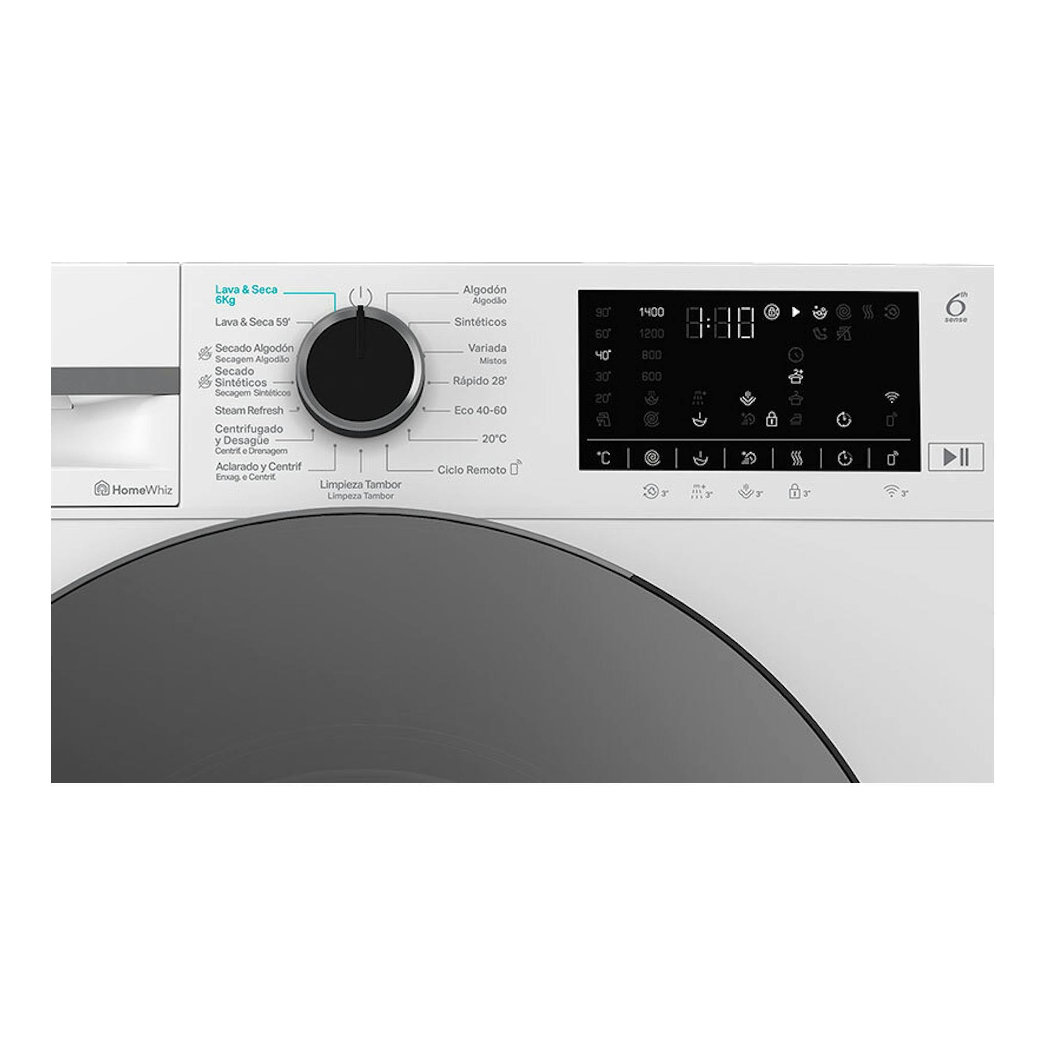 Lavasecadora Whirlpool WAD 9636W SPT blanca, vista frontal del panel de control y puerta negra.