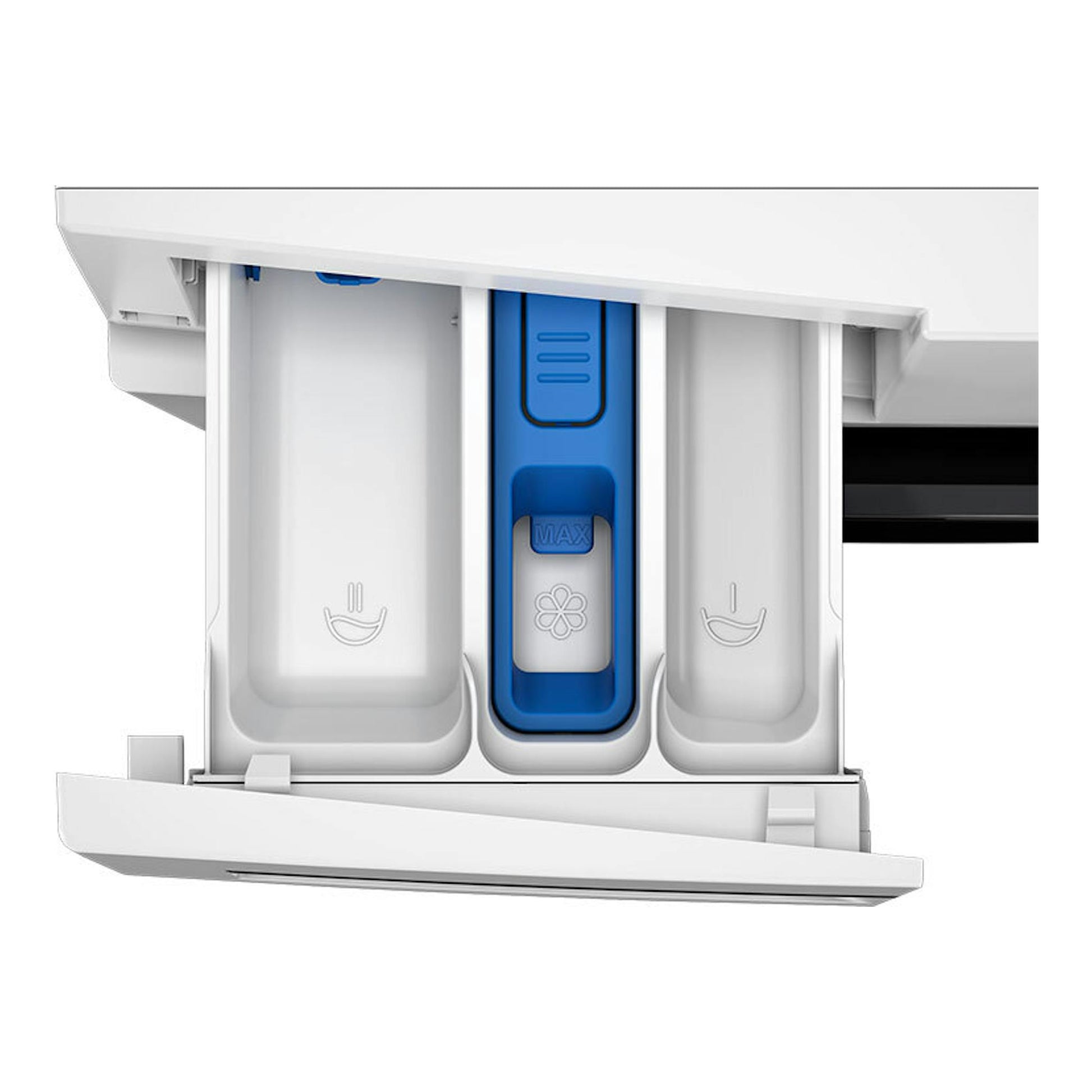 Lavasecadora Whirlpool WAD 9636W SPT 9Kg, cajetín de detergente extraíble en vista frontal, blanco y azul.