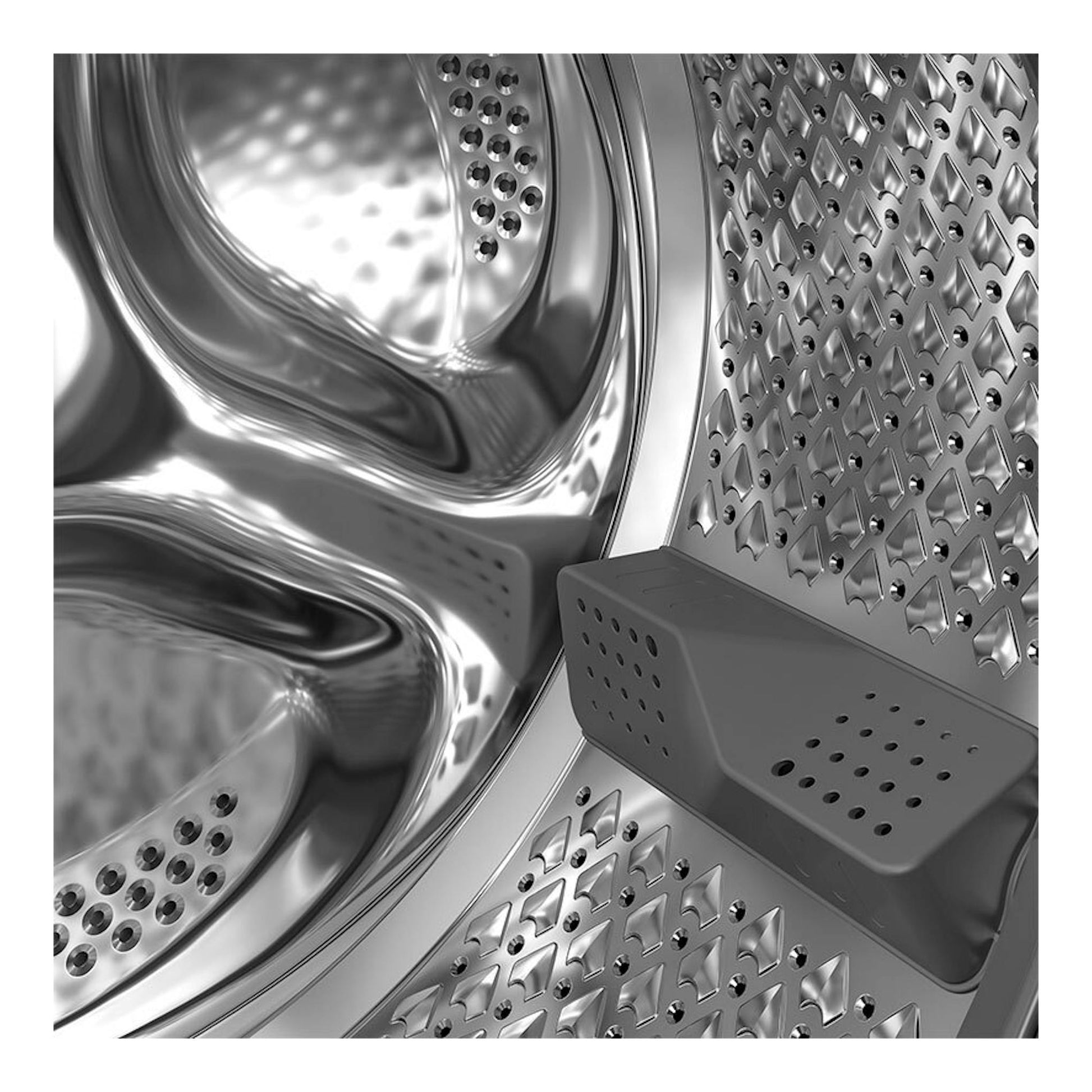 Primer plano del tambor de la lavasecadora Whirlpool WAD 9636W SPT, en acero inoxidable.