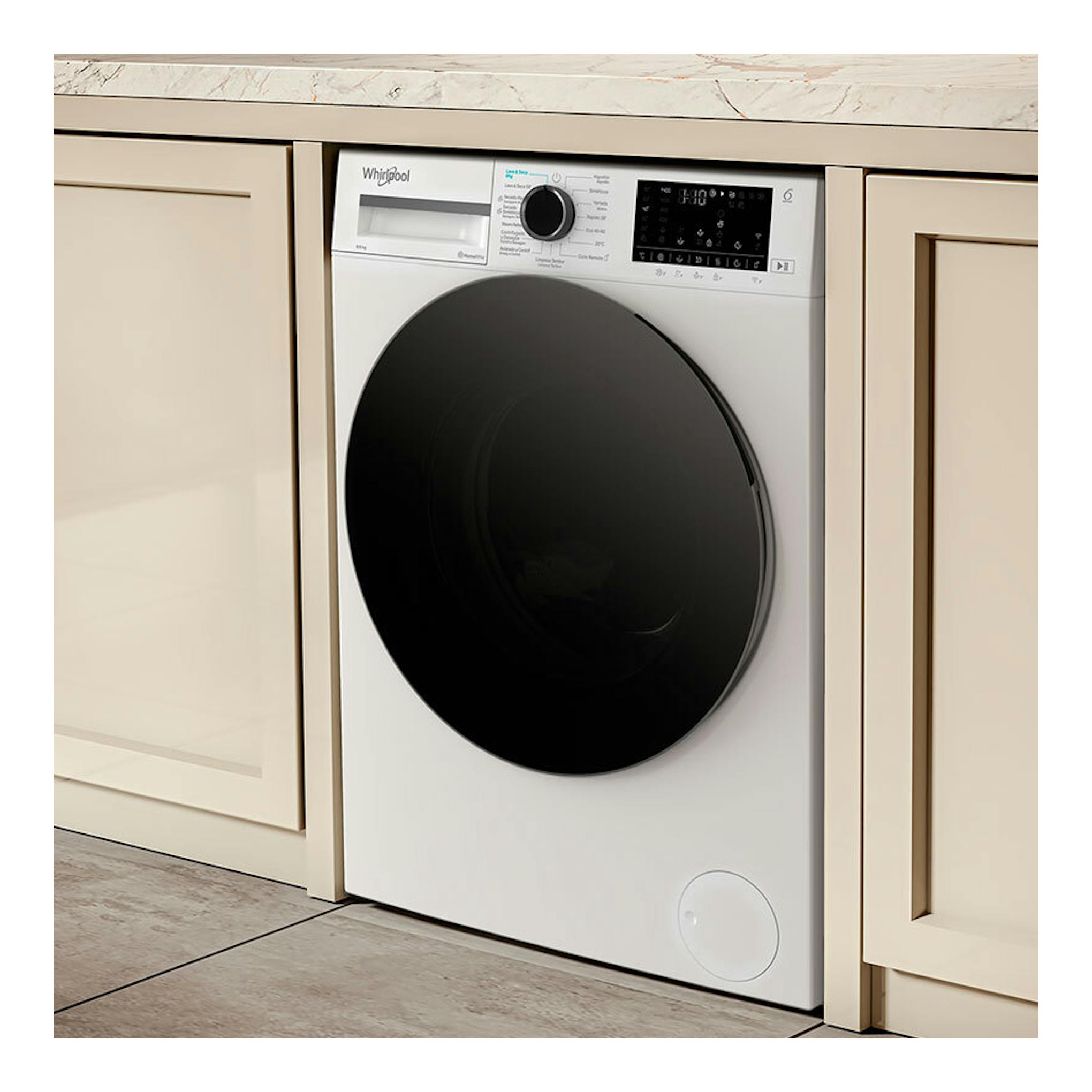 Lavasecadora Whirlpool WAD 9636W SPT blanca, vista frontal, con puerta negra empotrada bajo encimera.