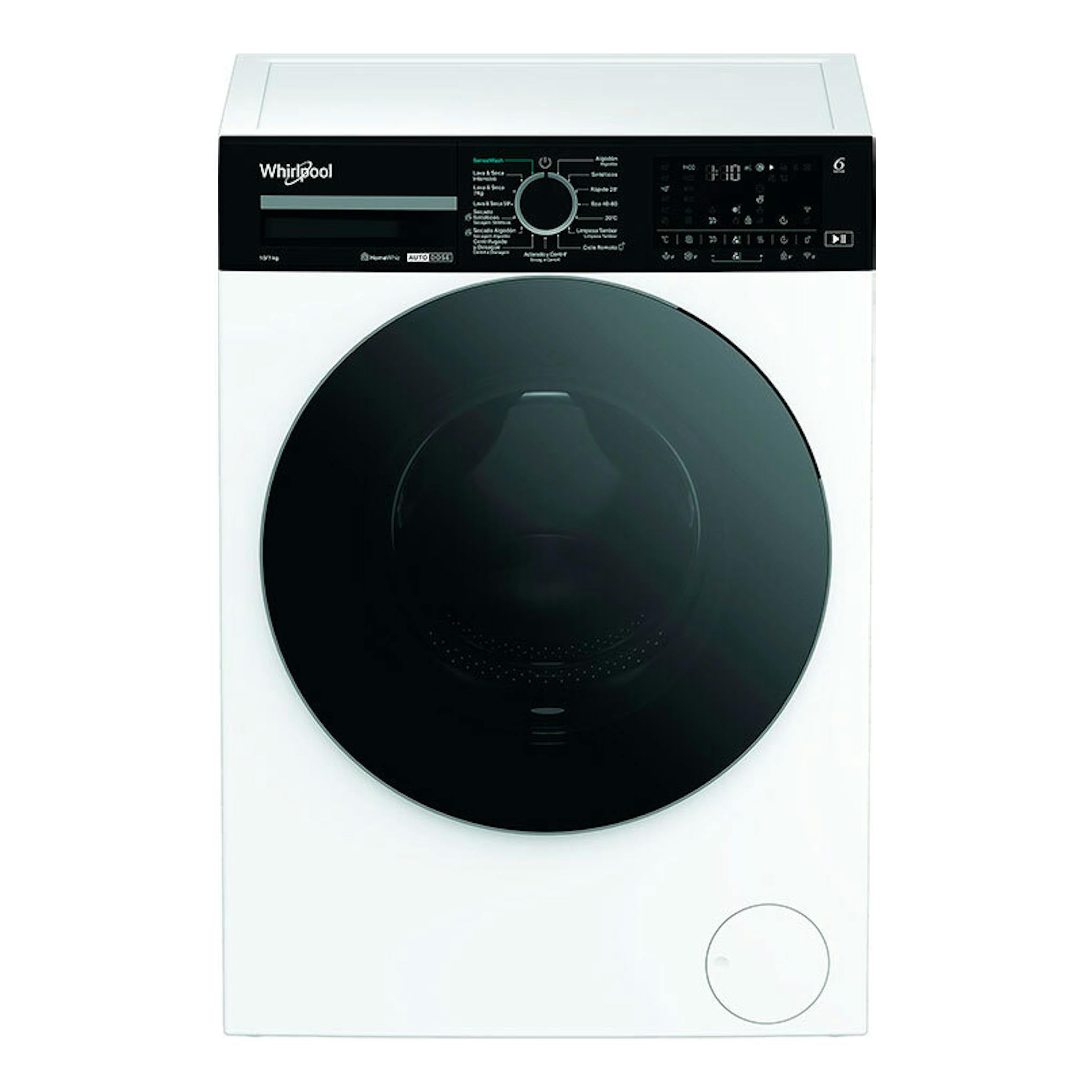 Lavasecadora Whirlpool WPD0736WADSSPT blanca, vista frontal, con puerta negra circular y panel superior negro.