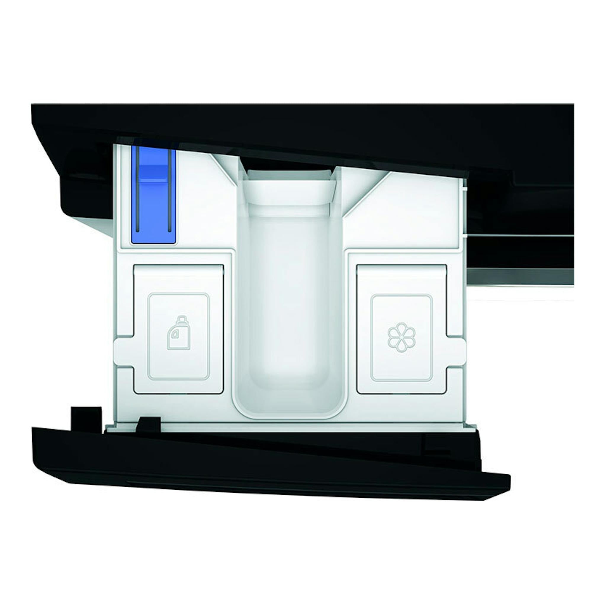 Vista frontal del cajón dispensador de una lavasecadora Whirlpool WPD0736WADSSPT, en blanco y negro.