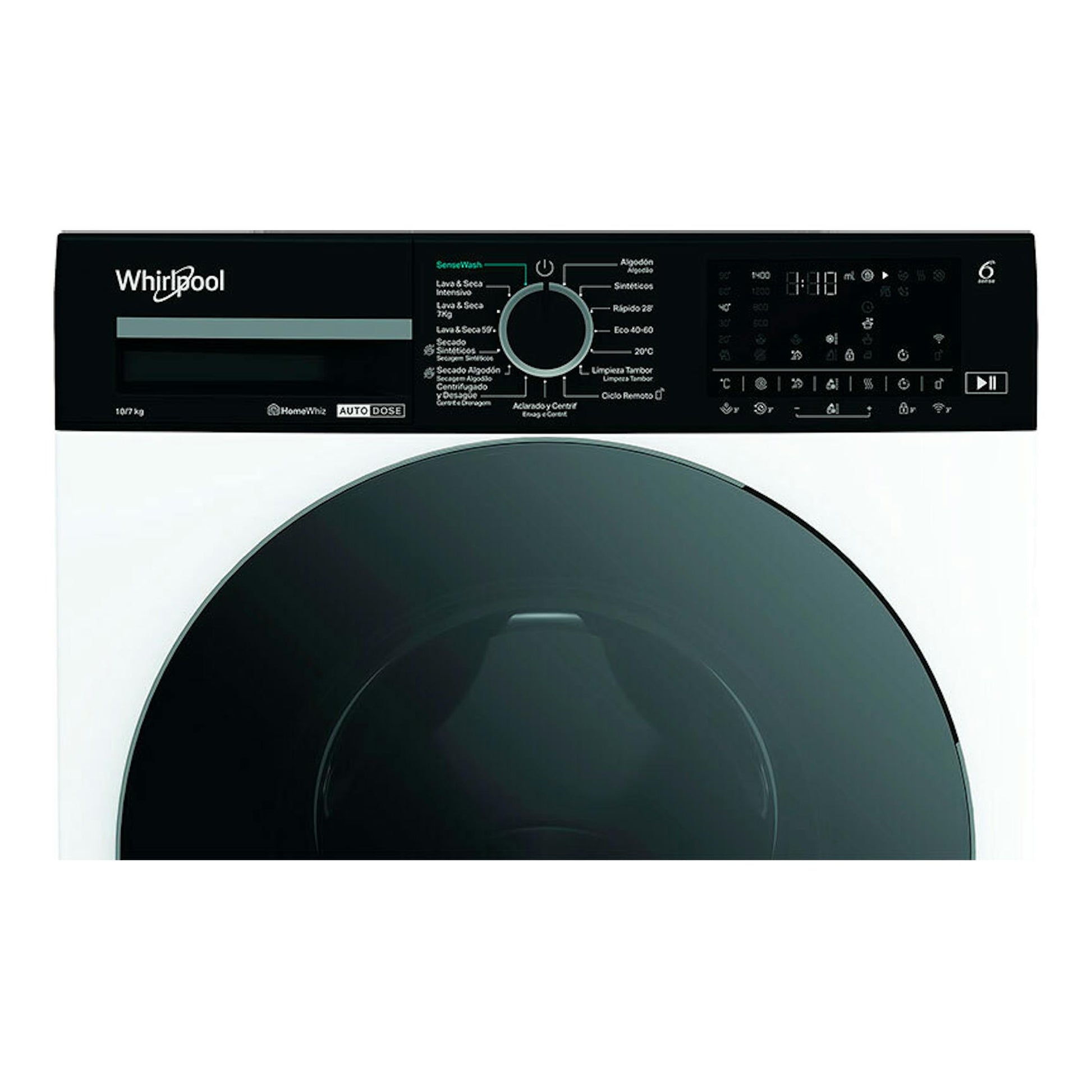 Lavasecadora Whirlpool WPD0736WADSSPT negra, vista frontal con panel digital y puerta circular.