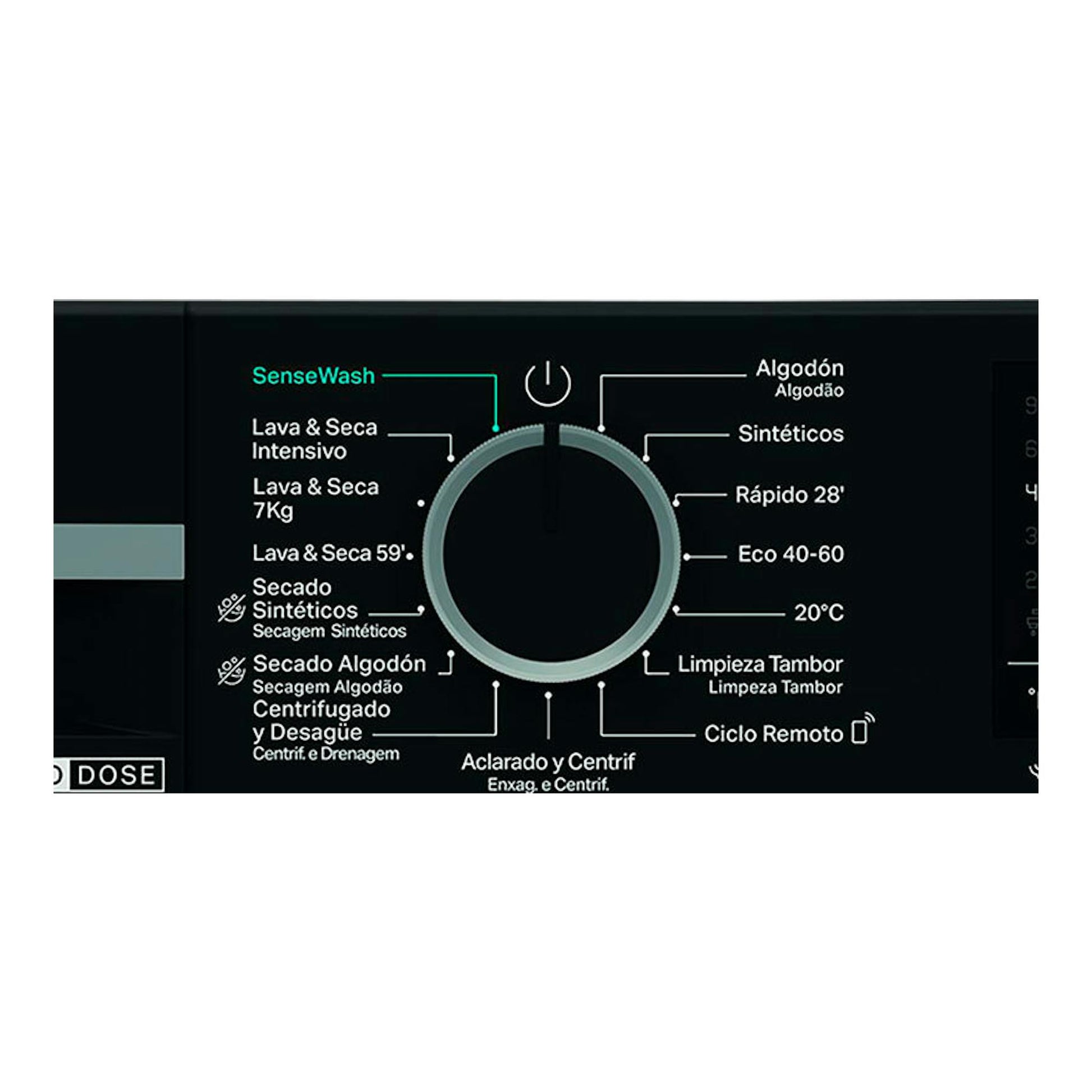 Panel de control negro de lavasecadora Whirlpool WPD0736WADSSPT, con perilla central y programas visibles.