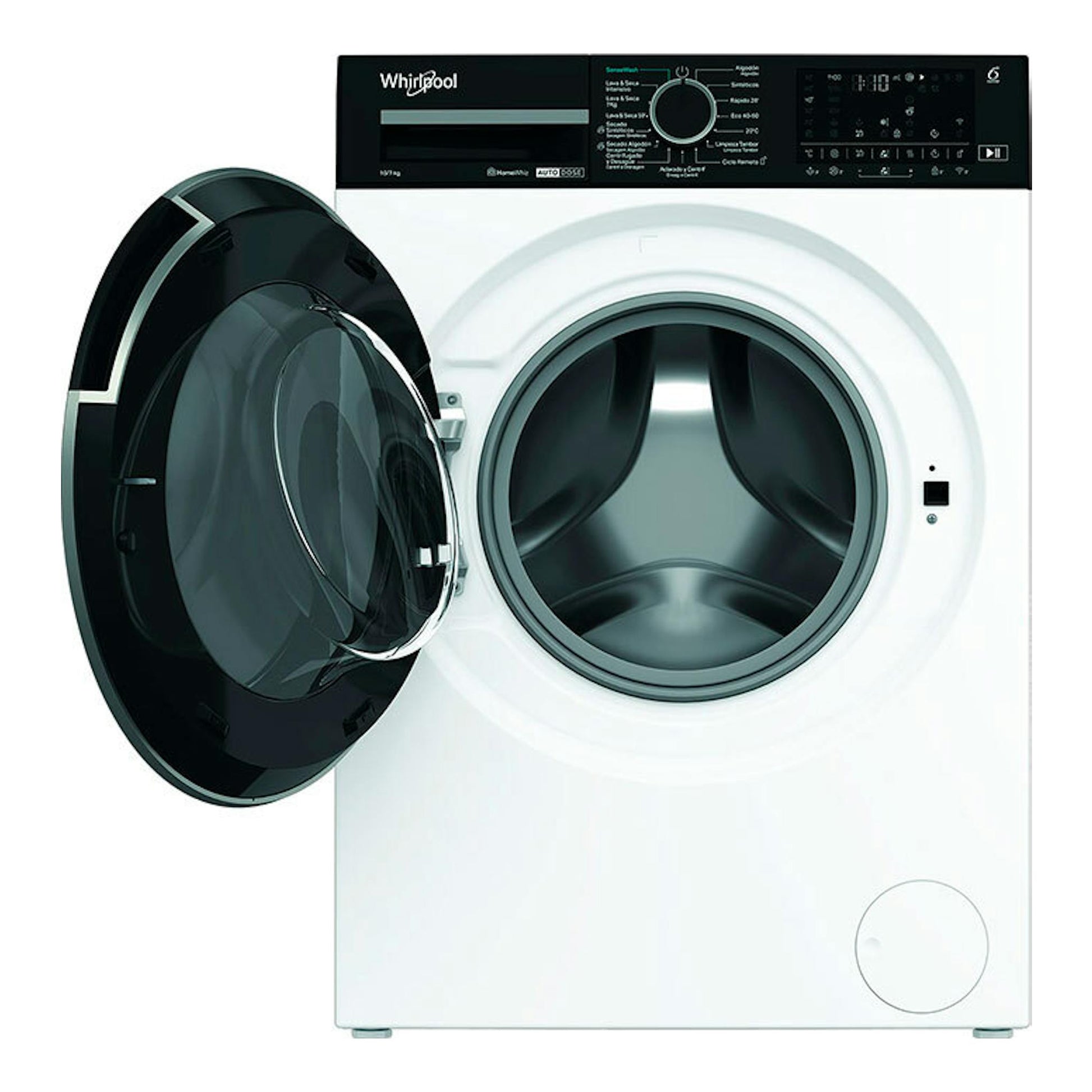 Lavasecadora Whirlpool WPD0736WADSSPT blanca, vista frontal, con puerta negra abierta.