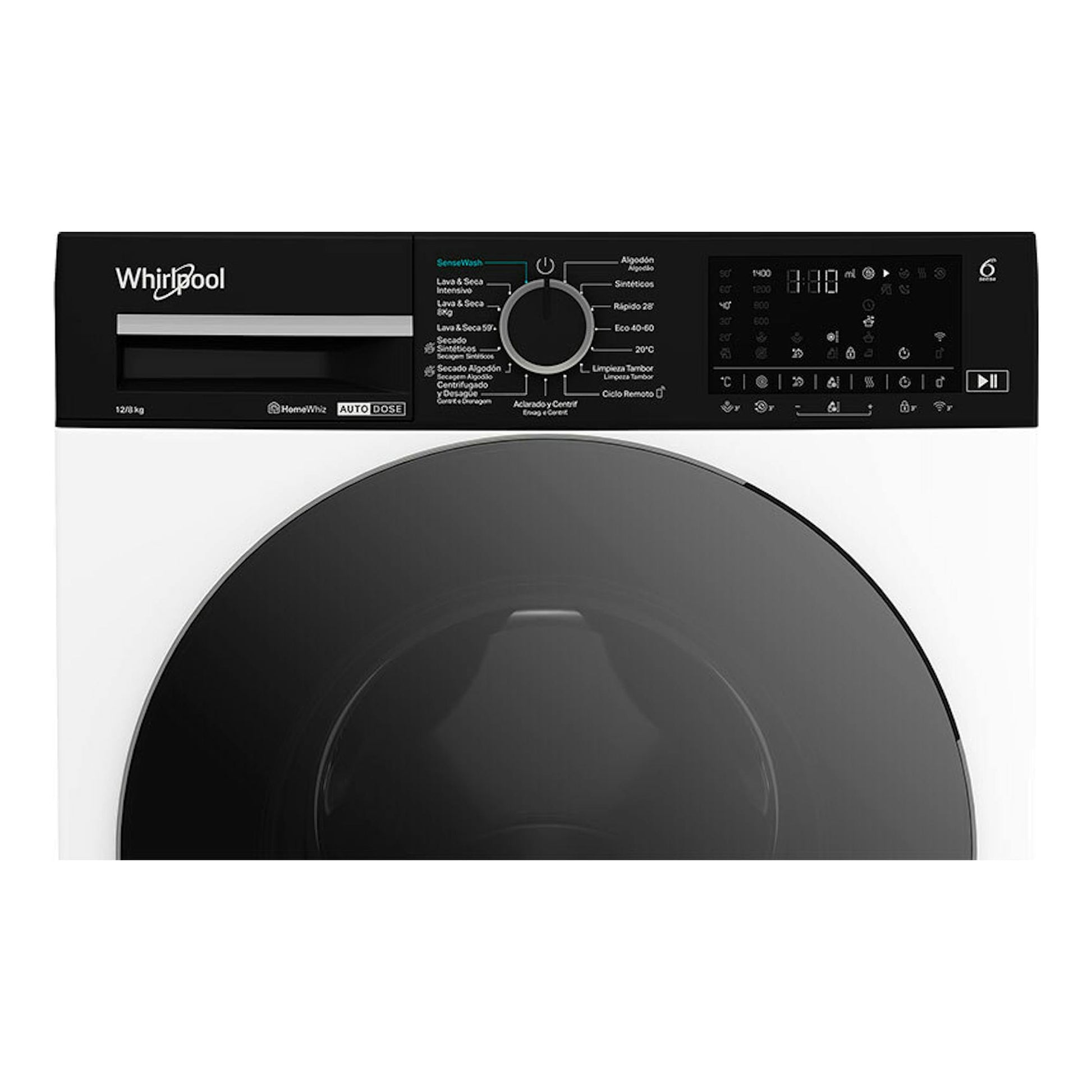 Lavasecadora Whirlpool WPD2836WADSSPT 12 kg, negra, vista frontal, con panel digital superior y puerta circular.