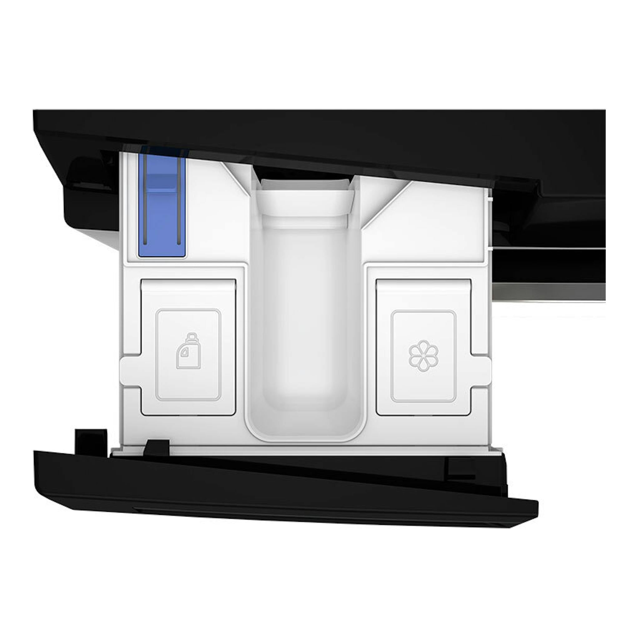 Detalle del dispensador de lavasecadora Whirlpool WPD2836WADSSPT, con compartimentos blanco, negro y azul.
