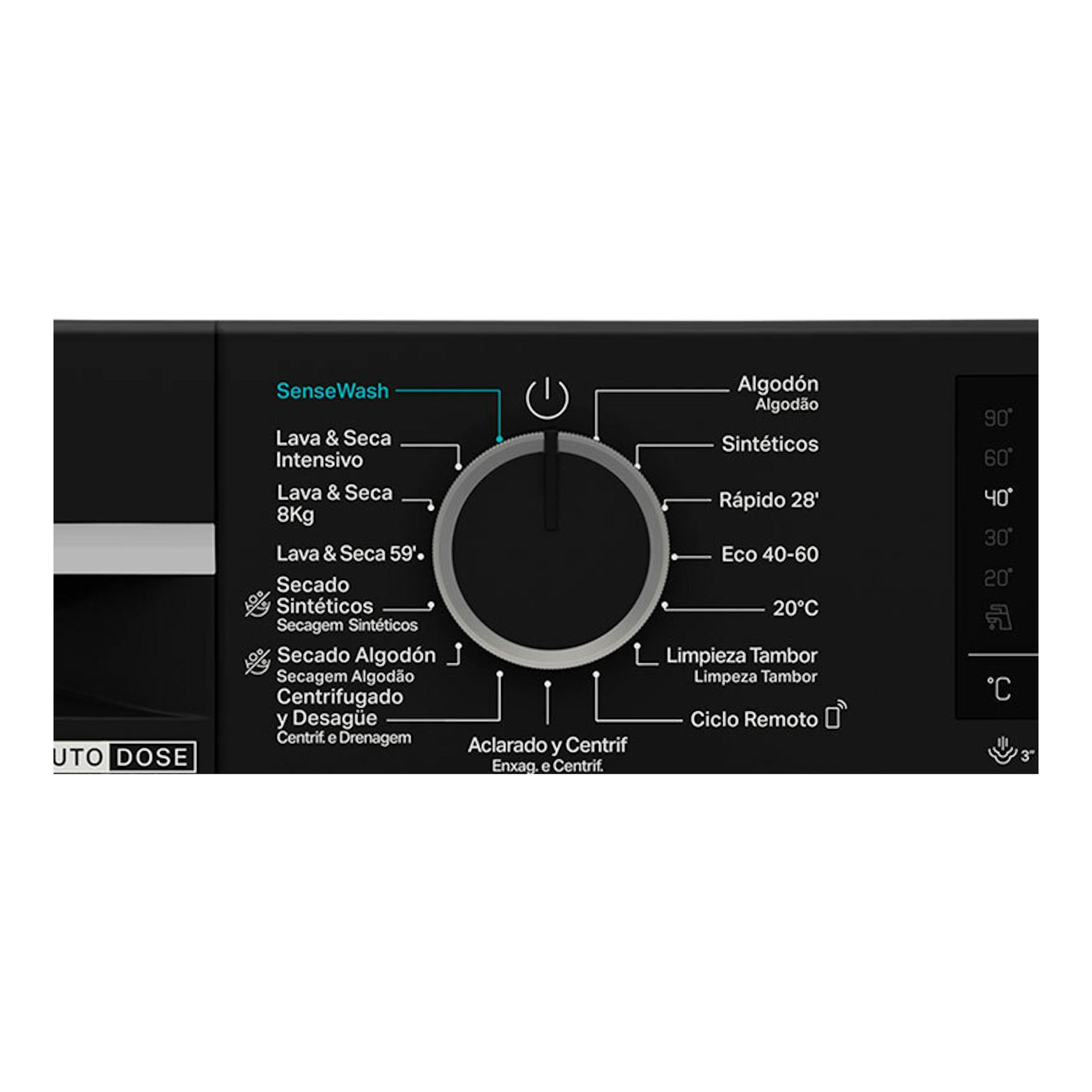 Panel frontal de lavasecadora Whirlpool WPD2836WADSSPT negra, con perilla central y programas en español.