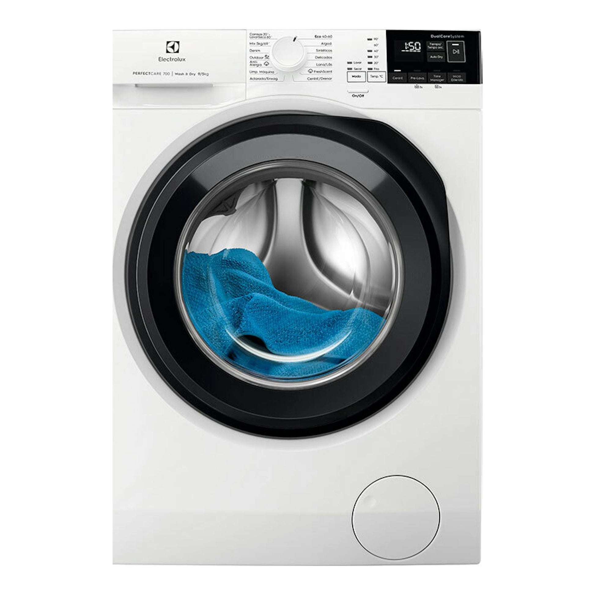 Lavasecadora Electrolux EW7W4943EB blanca, vista frontal, con puerta negra y una prenda azul dentro.