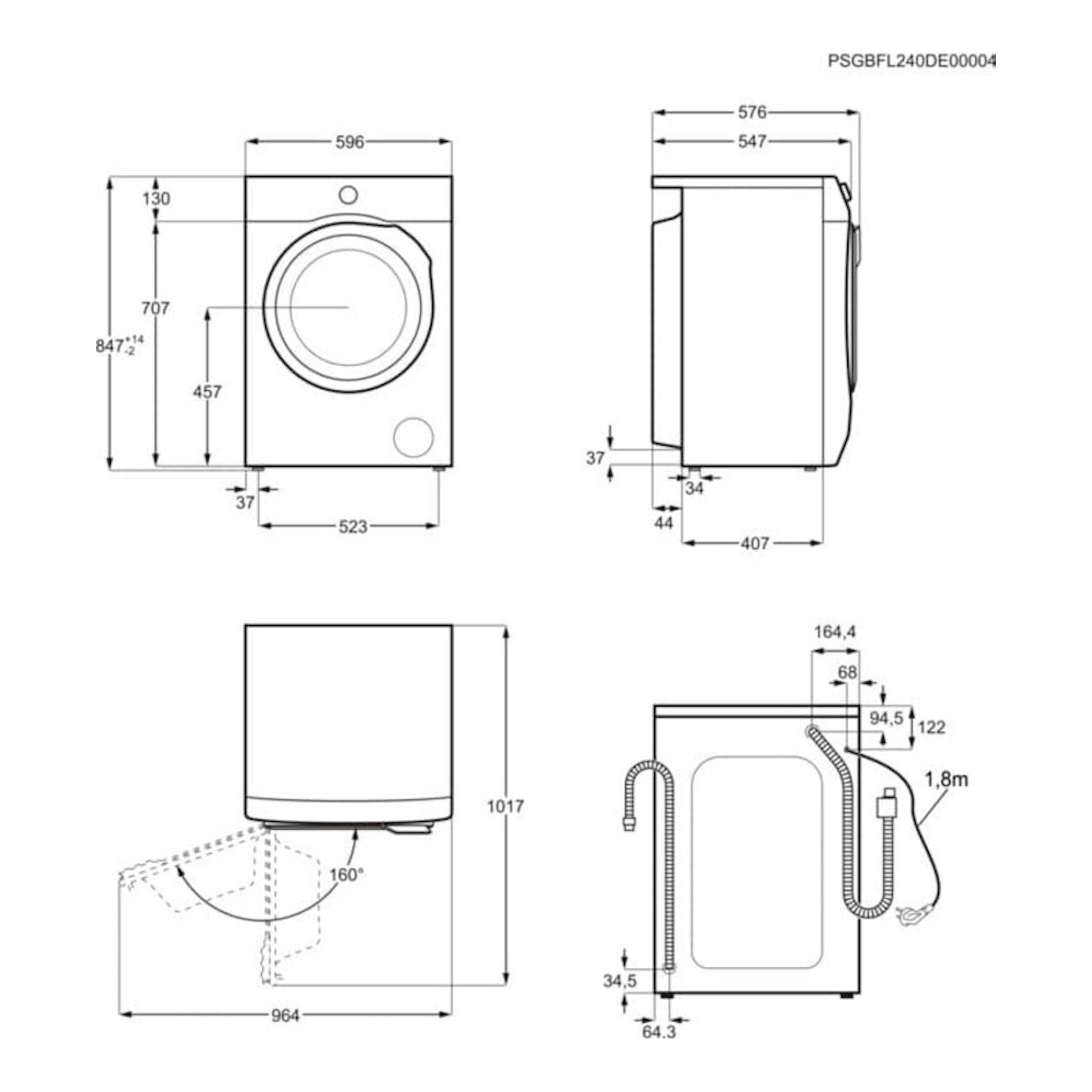 Electrolux EW7W4943EB 8K: dibujo técnico frontal y lateral de lavasecadora blanca con medidas.