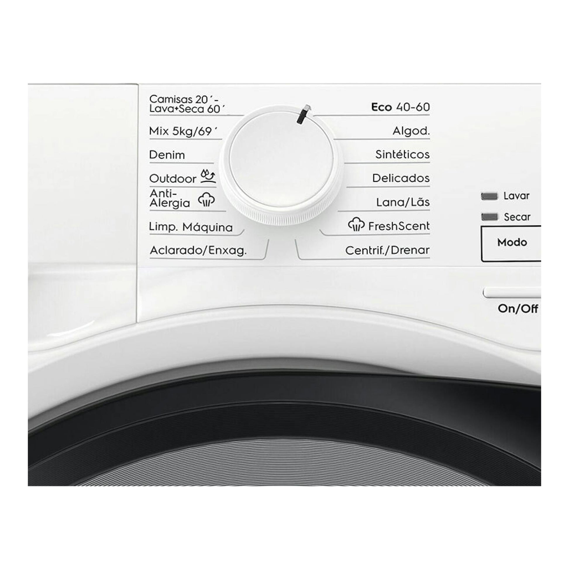 Panel de control blanco de lavasecadora Electrolux EW7W4943EB con selector de programas y botón On/Off.