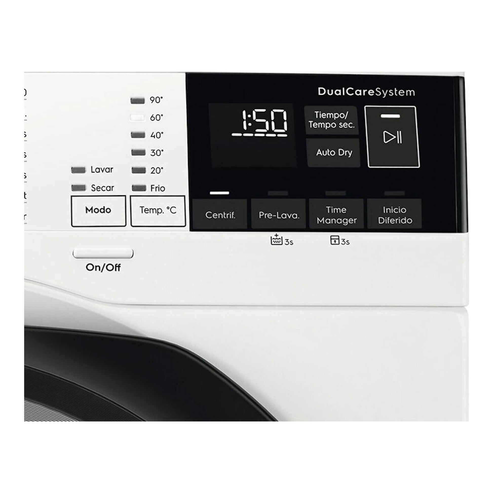 Electrolux EW7W4943EB, panel frontal de lavasecadora blanca y negra con pantalla digital y botones táctiles.