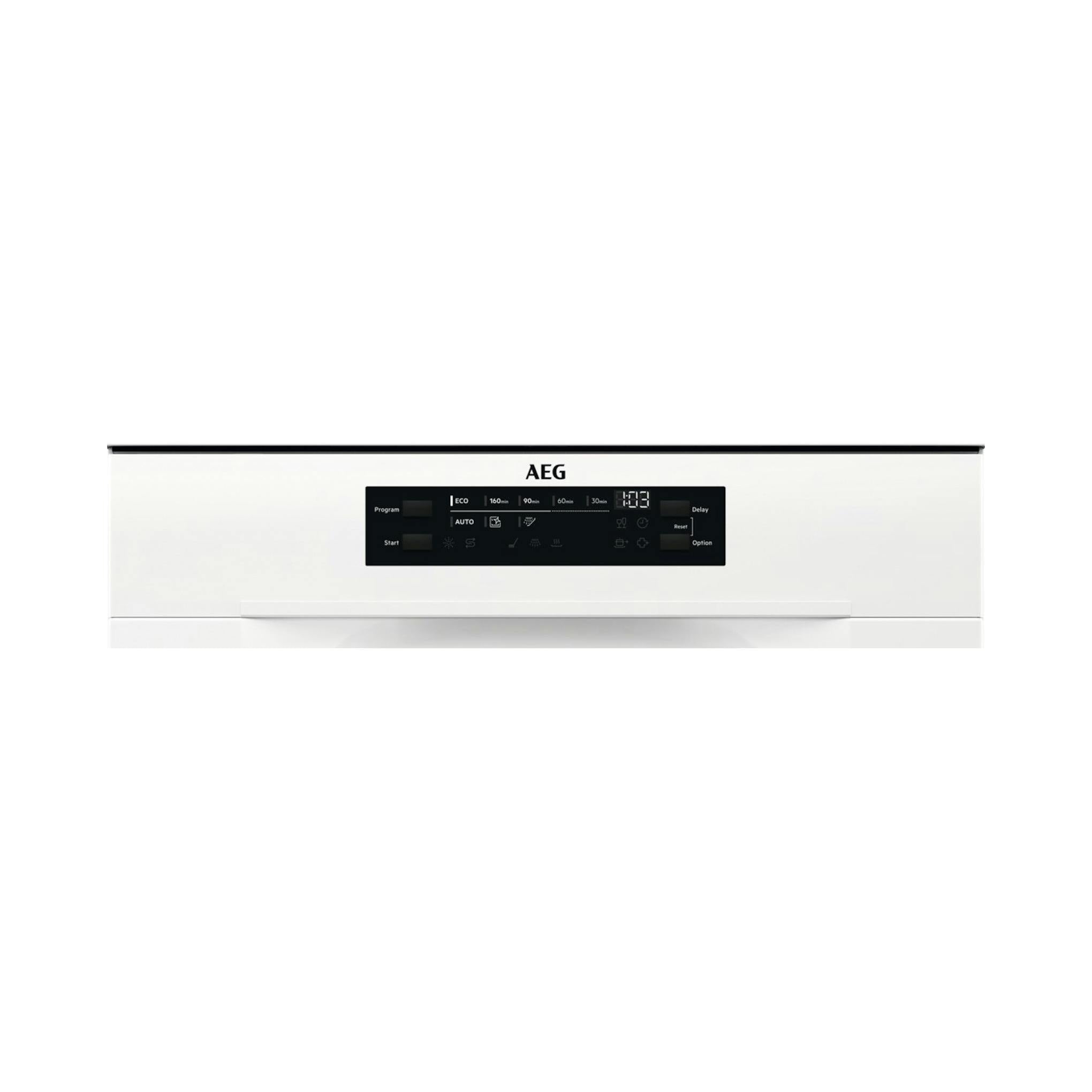 Lavavajillas AEG FFB64607ZW blanco, vista frontal con panel de control negro.