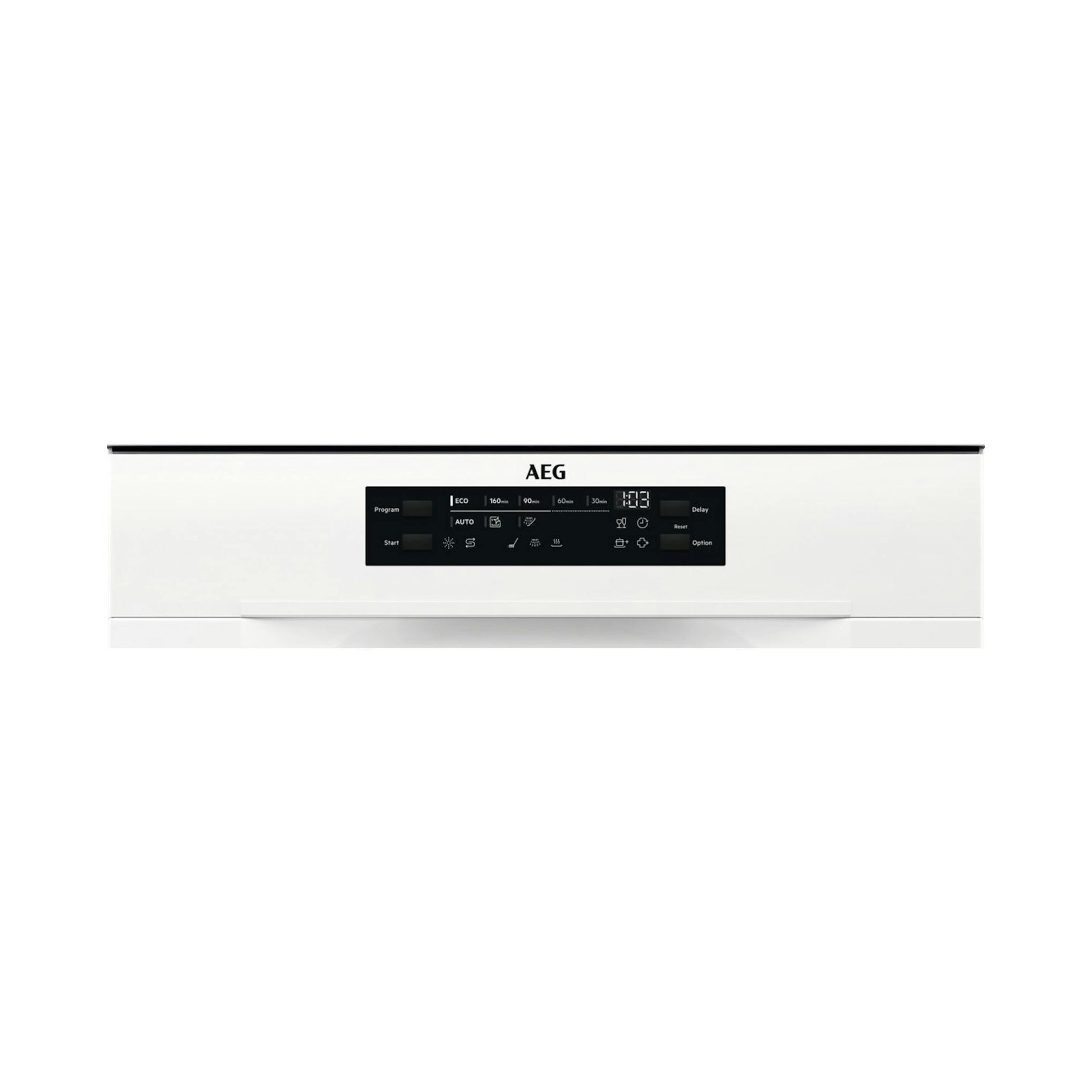 Lavavajillas AEG FFB64607ZW blanco, vista frontal con panel de control negro.