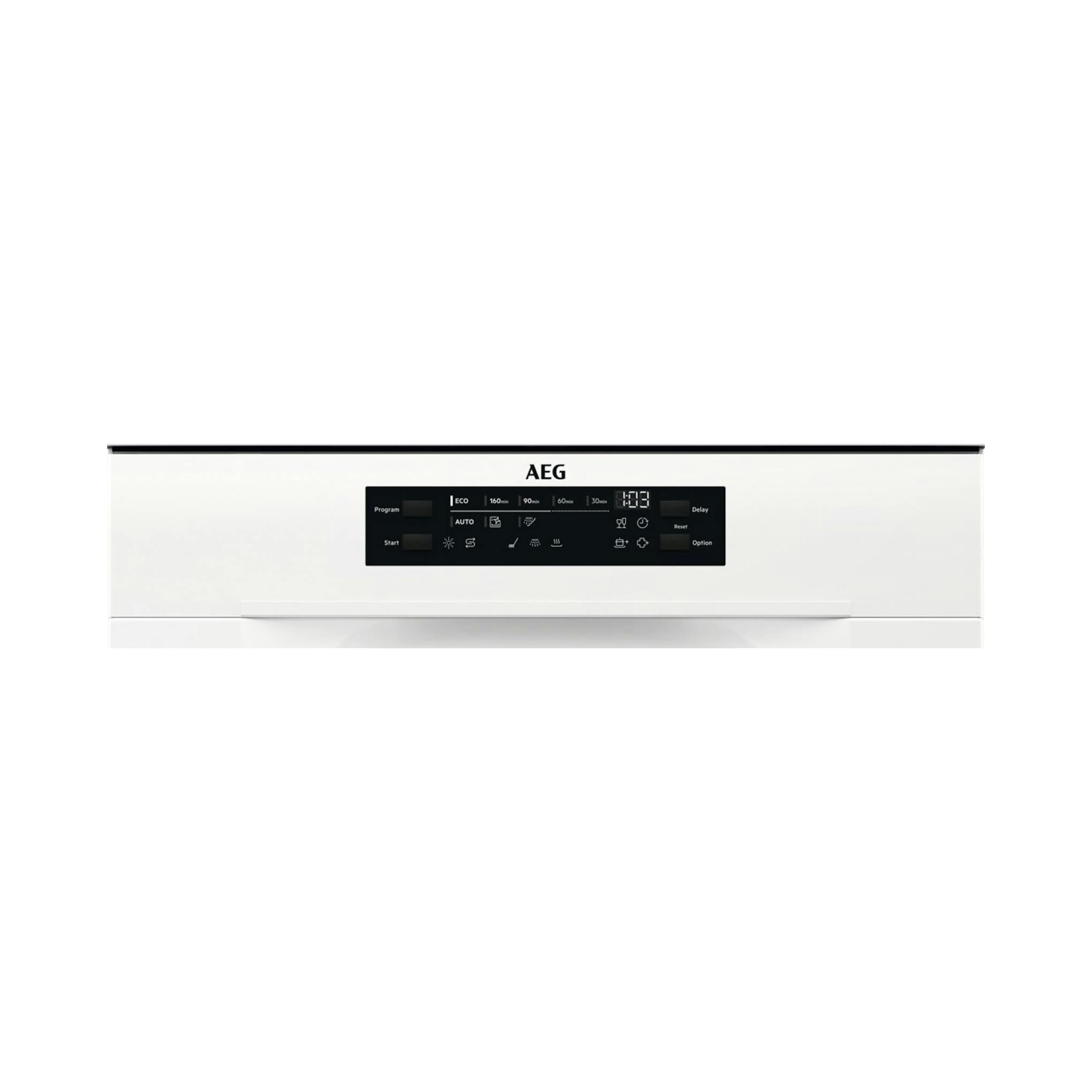 Lavavajillas AEG FFB64607ZW blanco, vista frontal con panel de control negro.