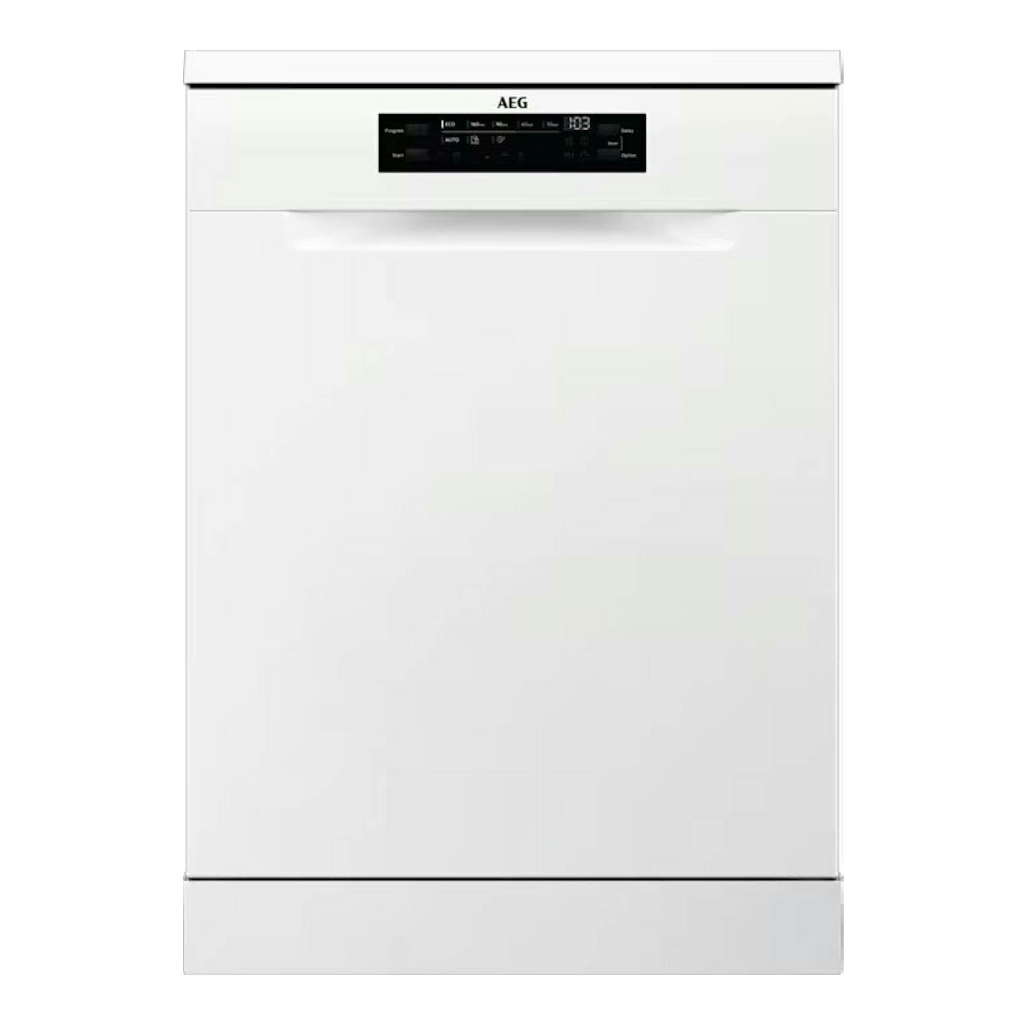 Lavavajillas AEG FFB64617ZW blanco, vista frontal, con panel de control superior.