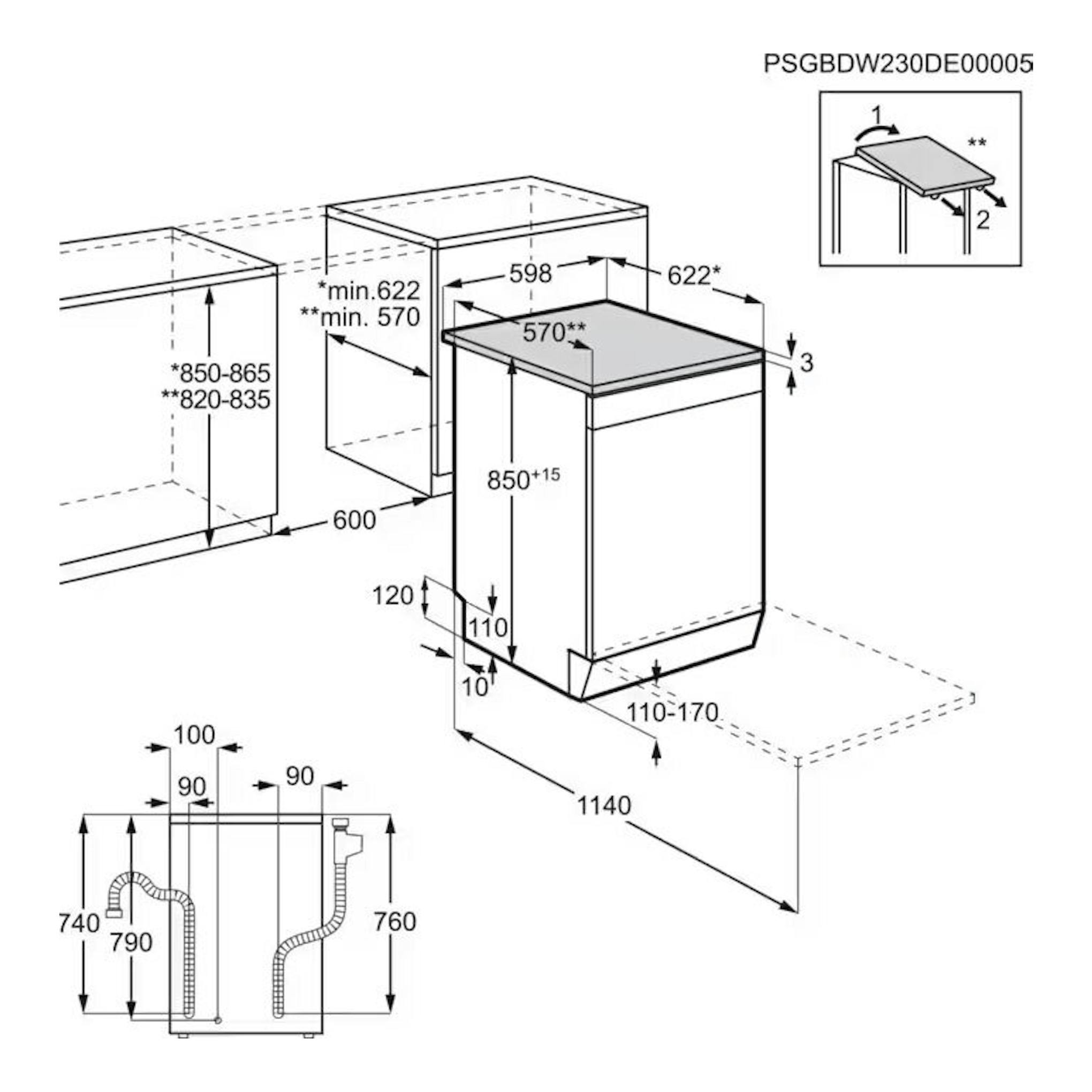 AEG FFB64617ZW: esquema técnico de instalación de lavavajillas blanco, vista frontal y lateral con medidas.