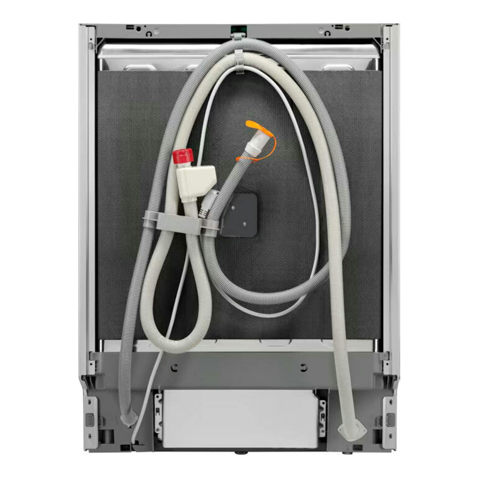 Lavavajillas AEG FFB64617ZW, vista trasera, panel gris con mangueras y cables enrollados.