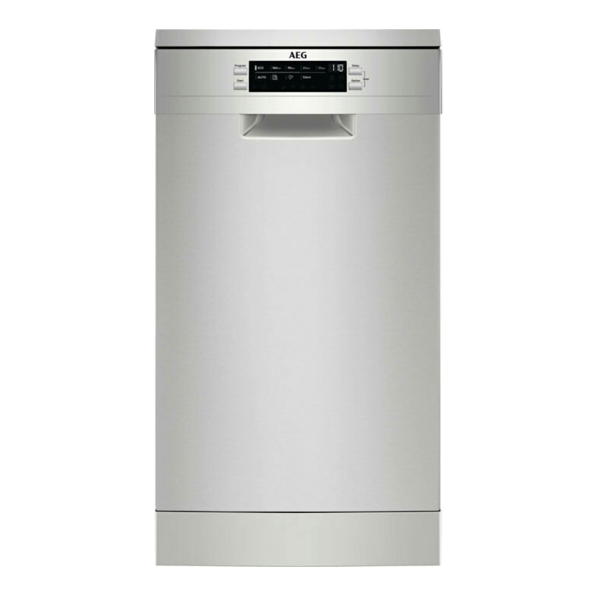 Lavavajillas AEG FFB73527ZM de 45 cm, acabado inox, vista frontal.
