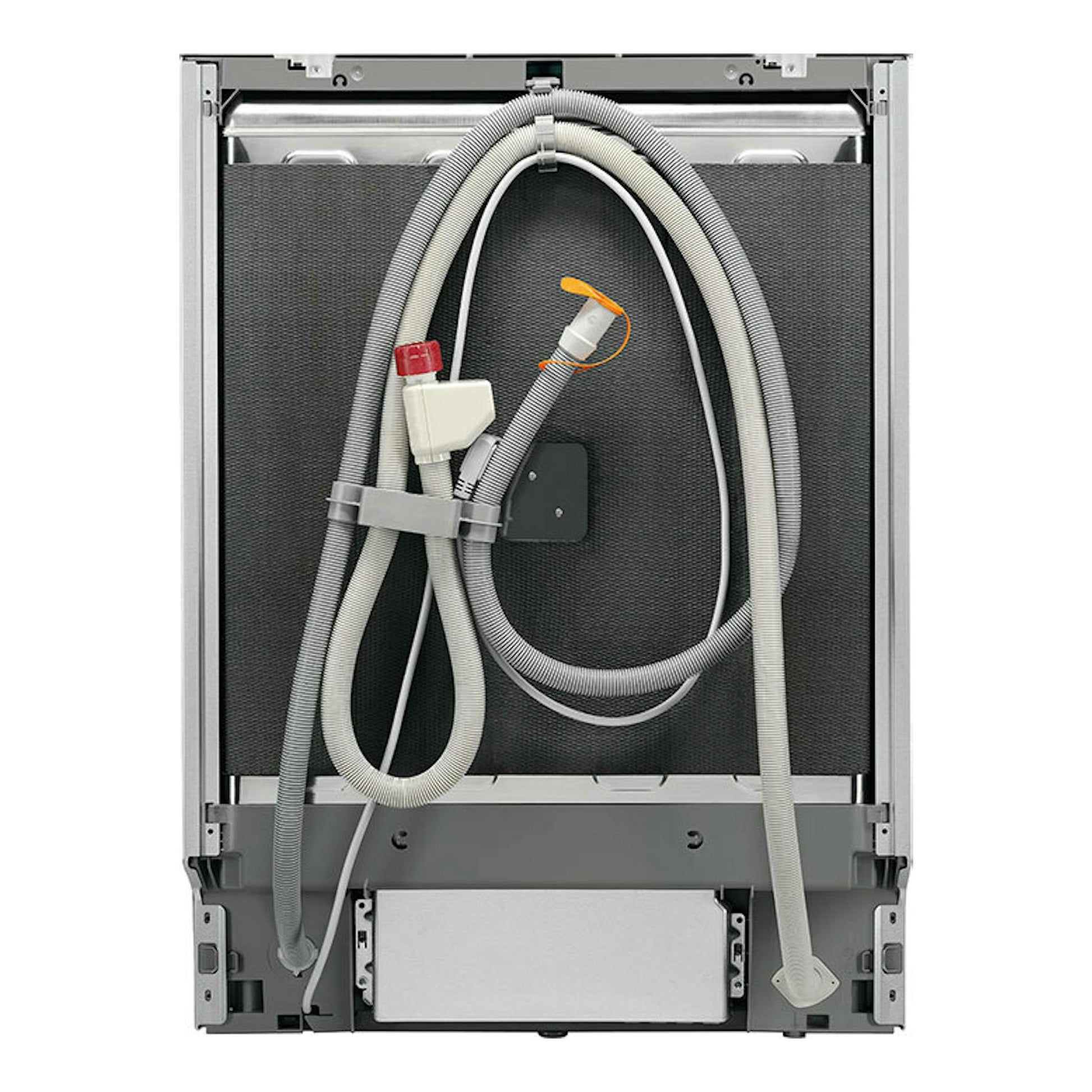 AEG FFB76717PM, lavavajillas de 60 cm, vista trasera en blanco y gris con mangueras y conexiones visibles.