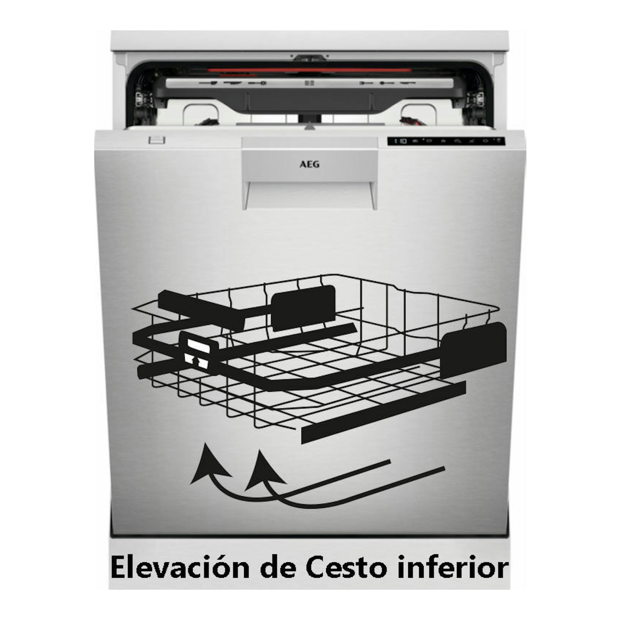 Lavavajillas AEG FFB83816PM de acero inoxidable, frontal abierto con cesta inferior elevada.