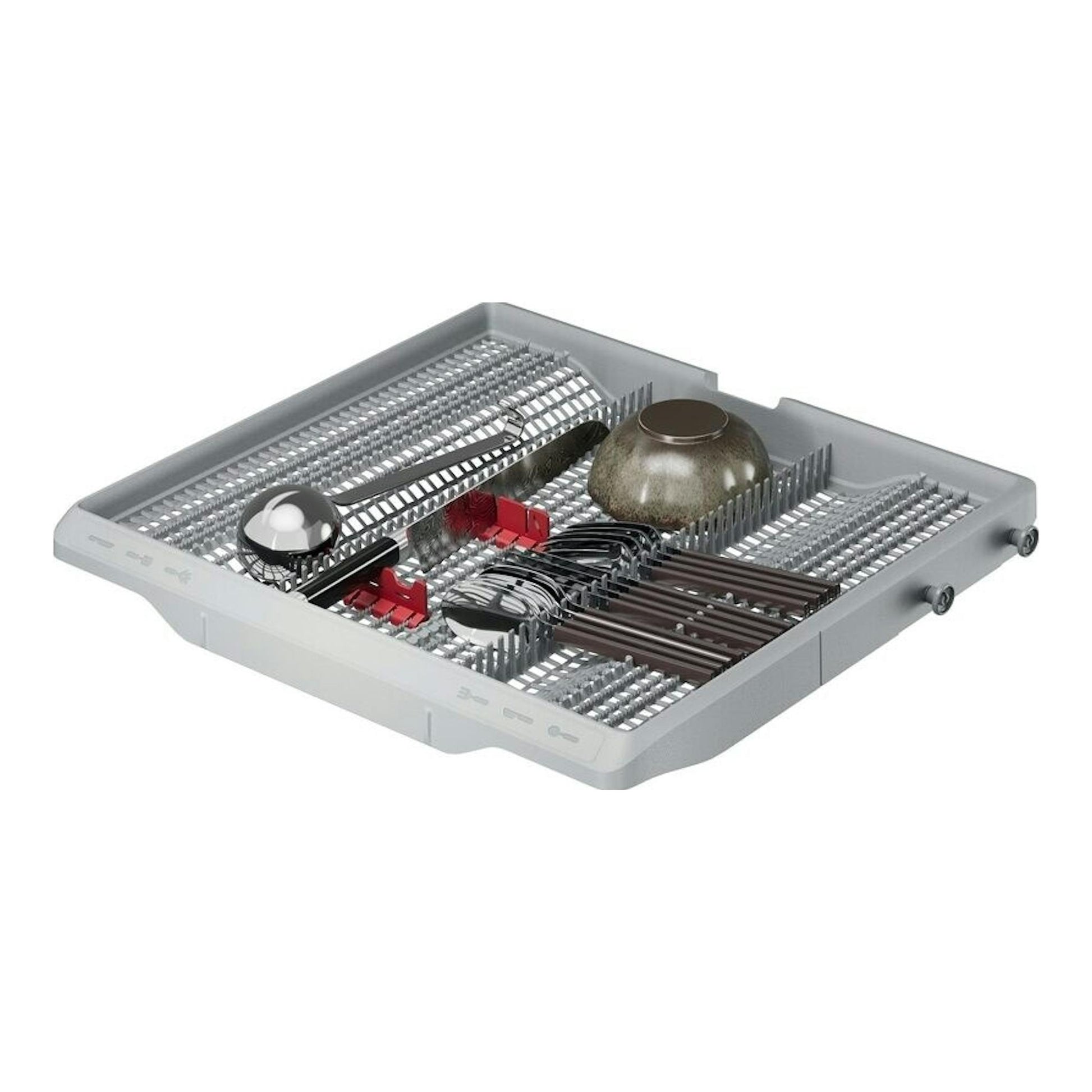 AEG GI6200B2SC: bandeja superior gris de lavavajillas con cubiertos y vajilla, vista en perspectiva.