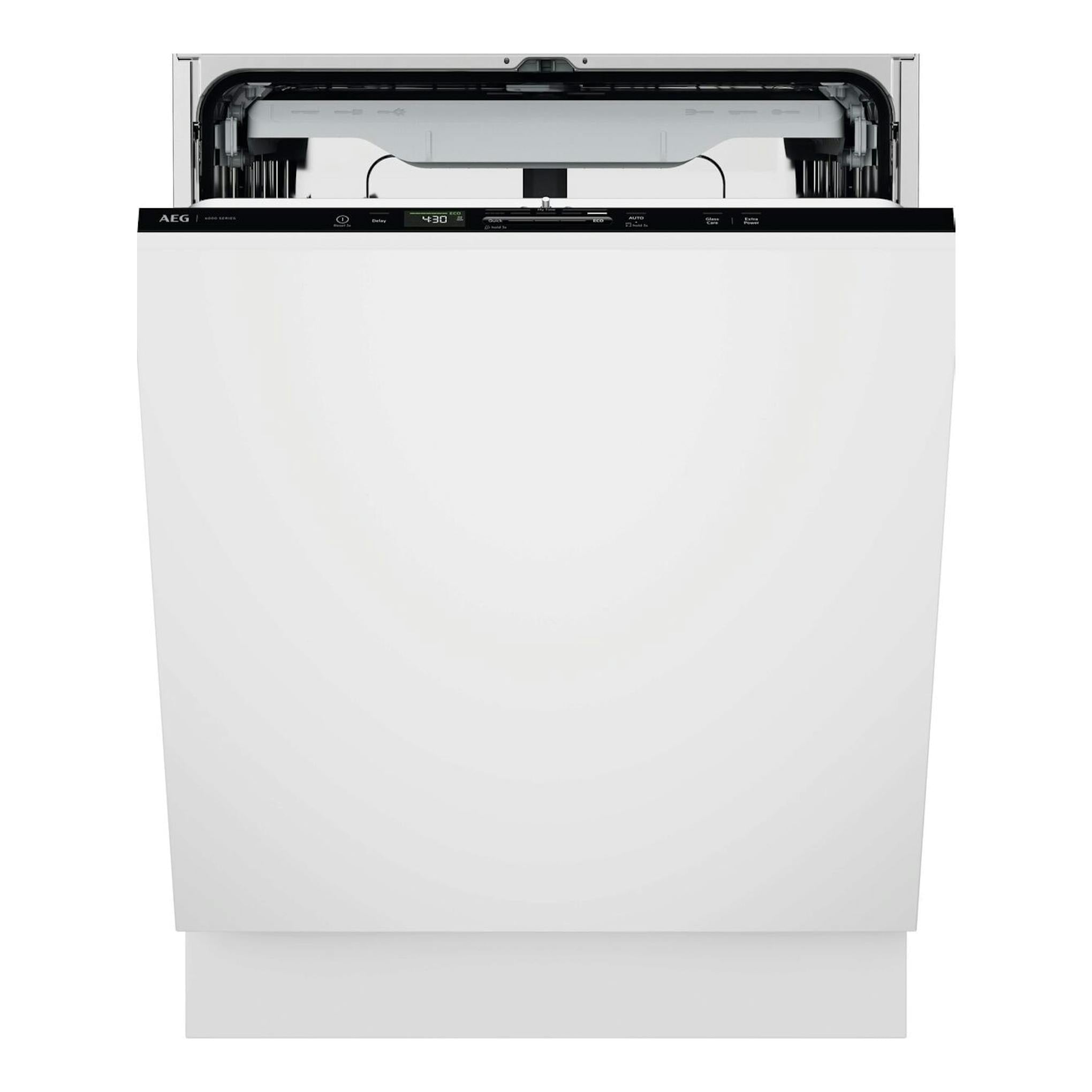 Lavavajillas integrable AEG GI6200B2SC, vista frontal, puerta blanca y panel negro, con la parte superior abierta.