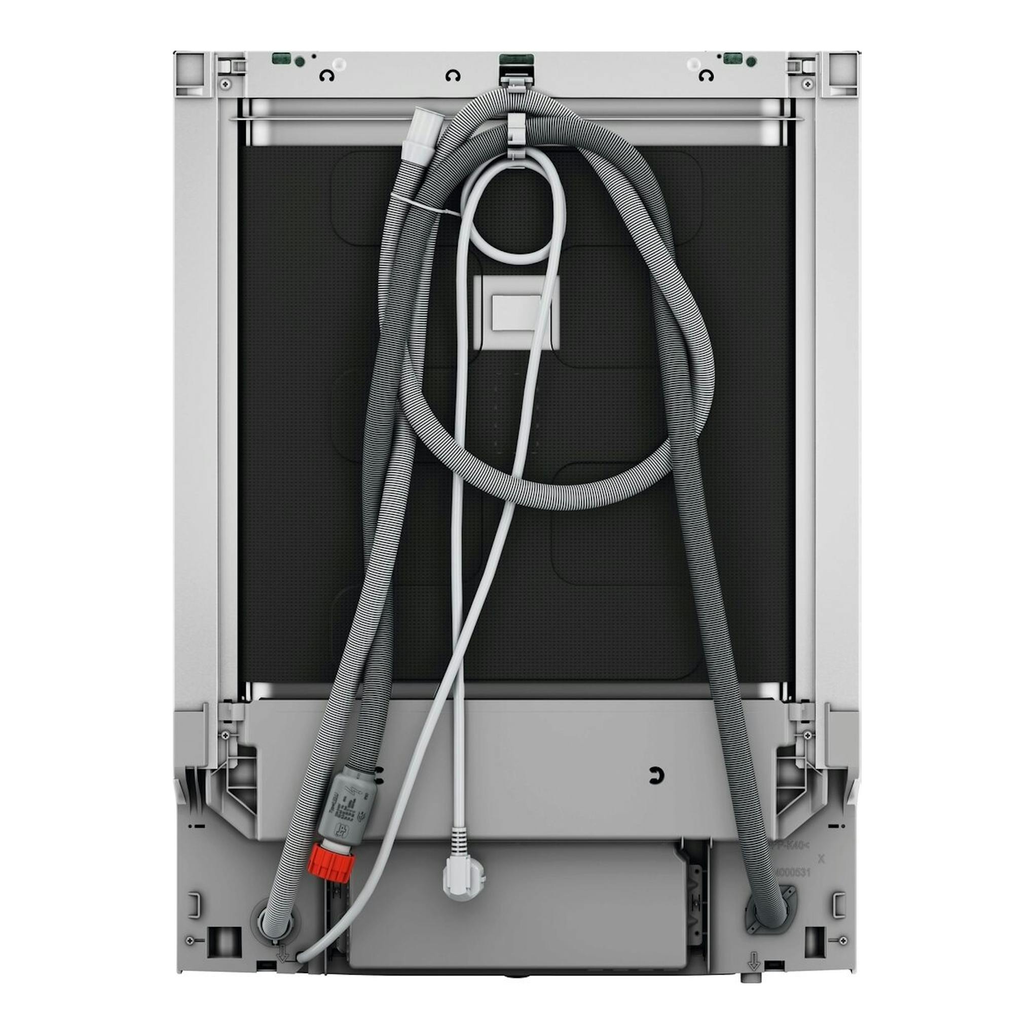 Lavavajillas AEG GI6200B2SN integrable, vista trasera con mangueras y cables visibles, en gris.