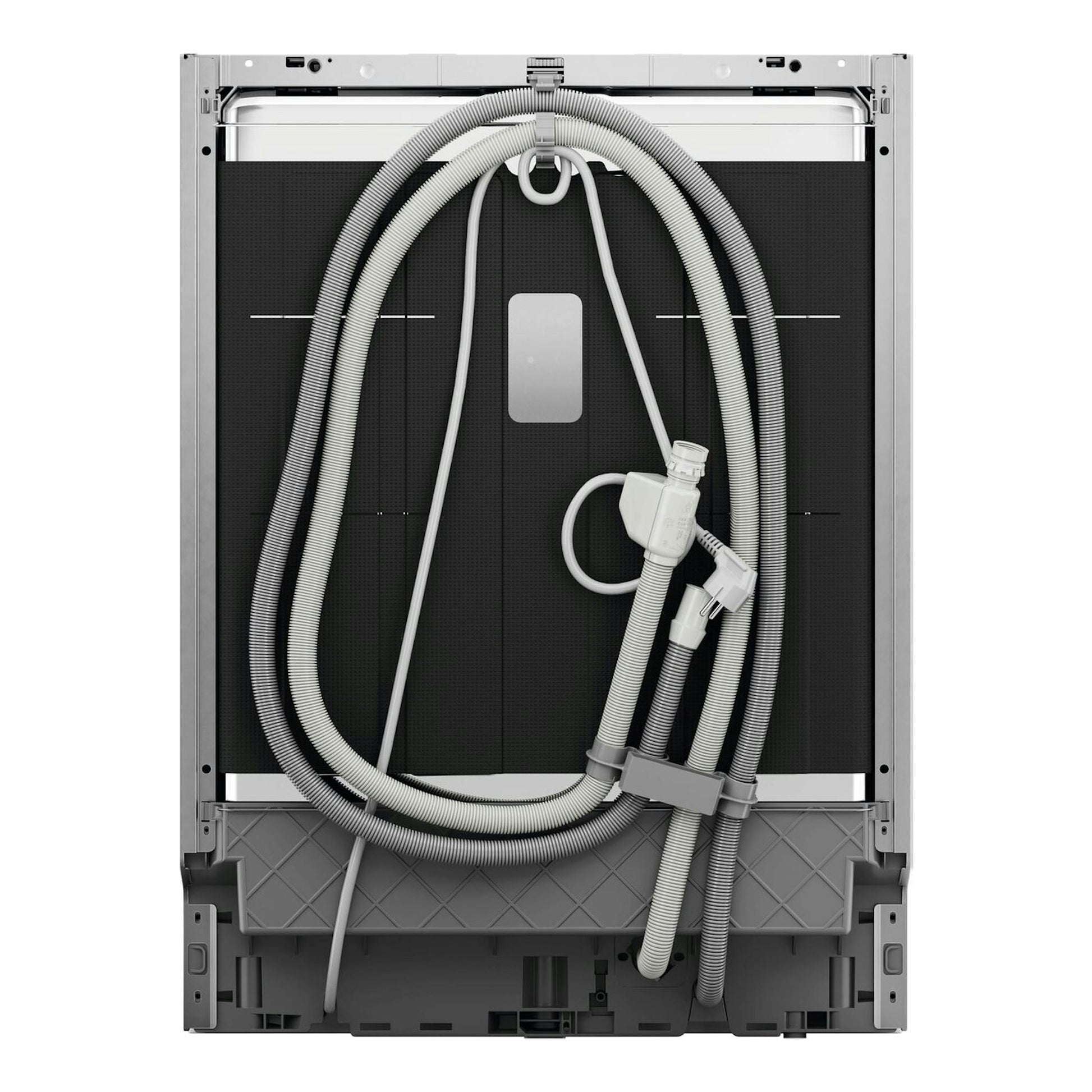 Lavavajillas integrable AEG GI8200X5TN, vista trasera con mangueras y cables visibles en gris y negro.