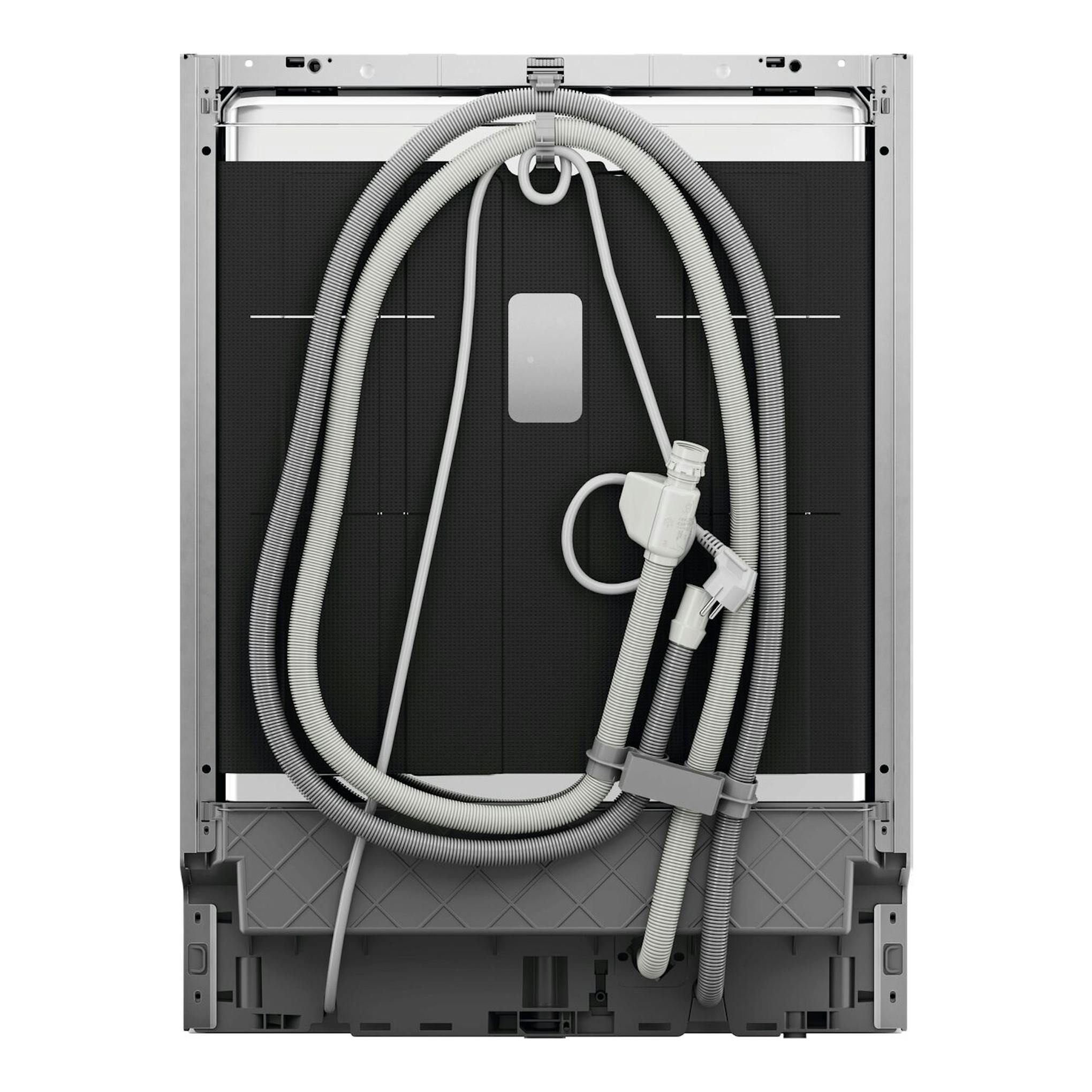 Lavavajillas integrable AEG GI8200X5TN, vista trasera con mangueras y cables visibles en gris y negro.
