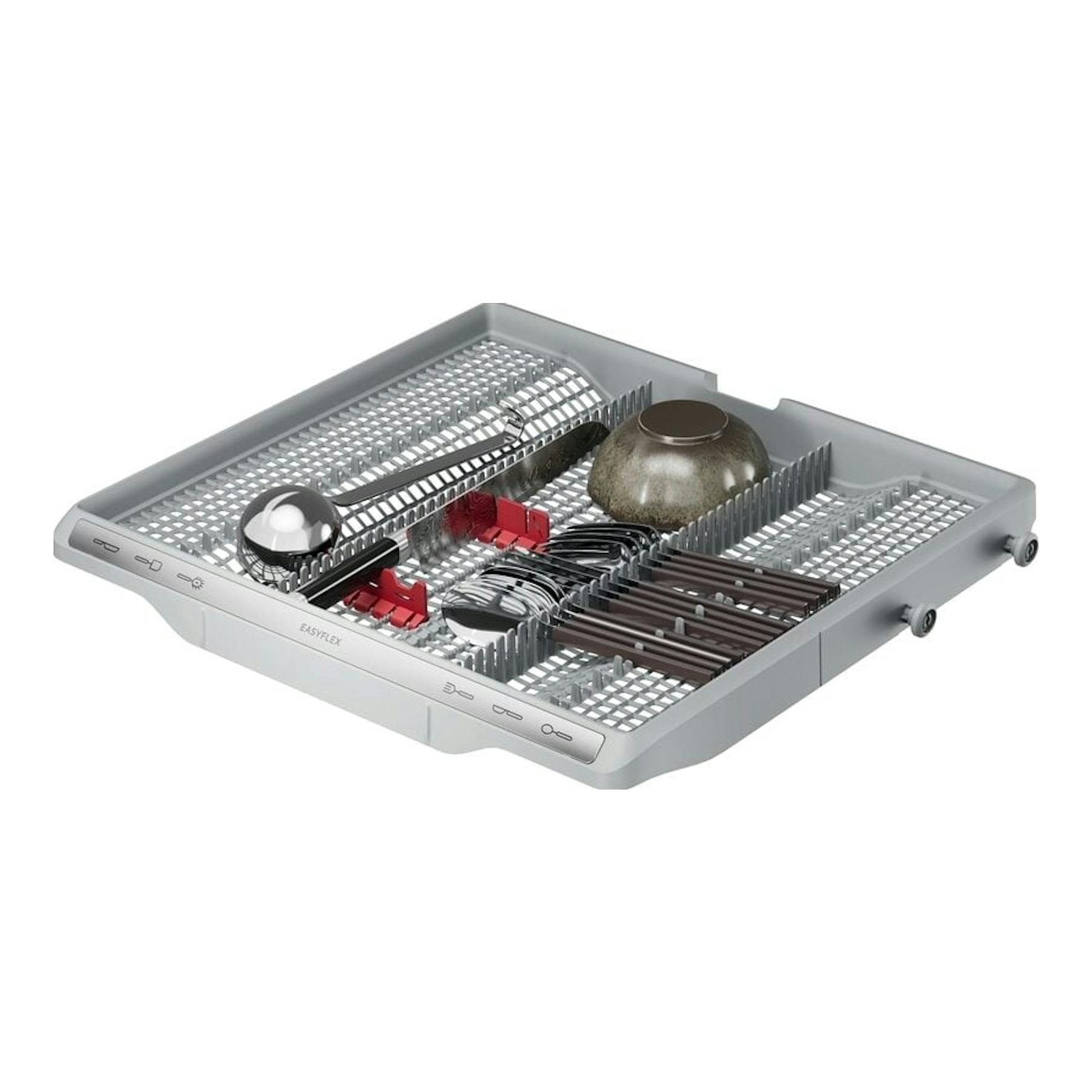 Bandeja superior de lavavajillas AEG GI8200A2SG en gris, con platos y cubiertos, vista en ángulo.