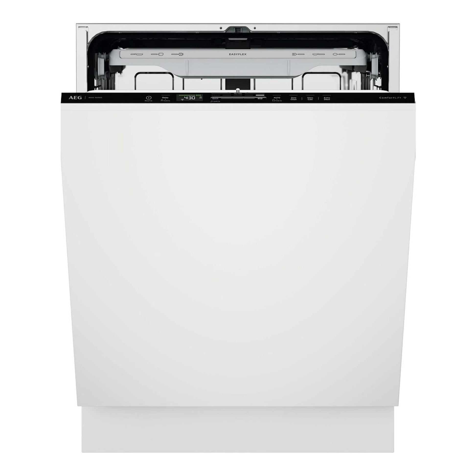 Lavavajillas integrable AEG GI8200X5TN en blanco, vista frontal con puerta abierta y panel negro.