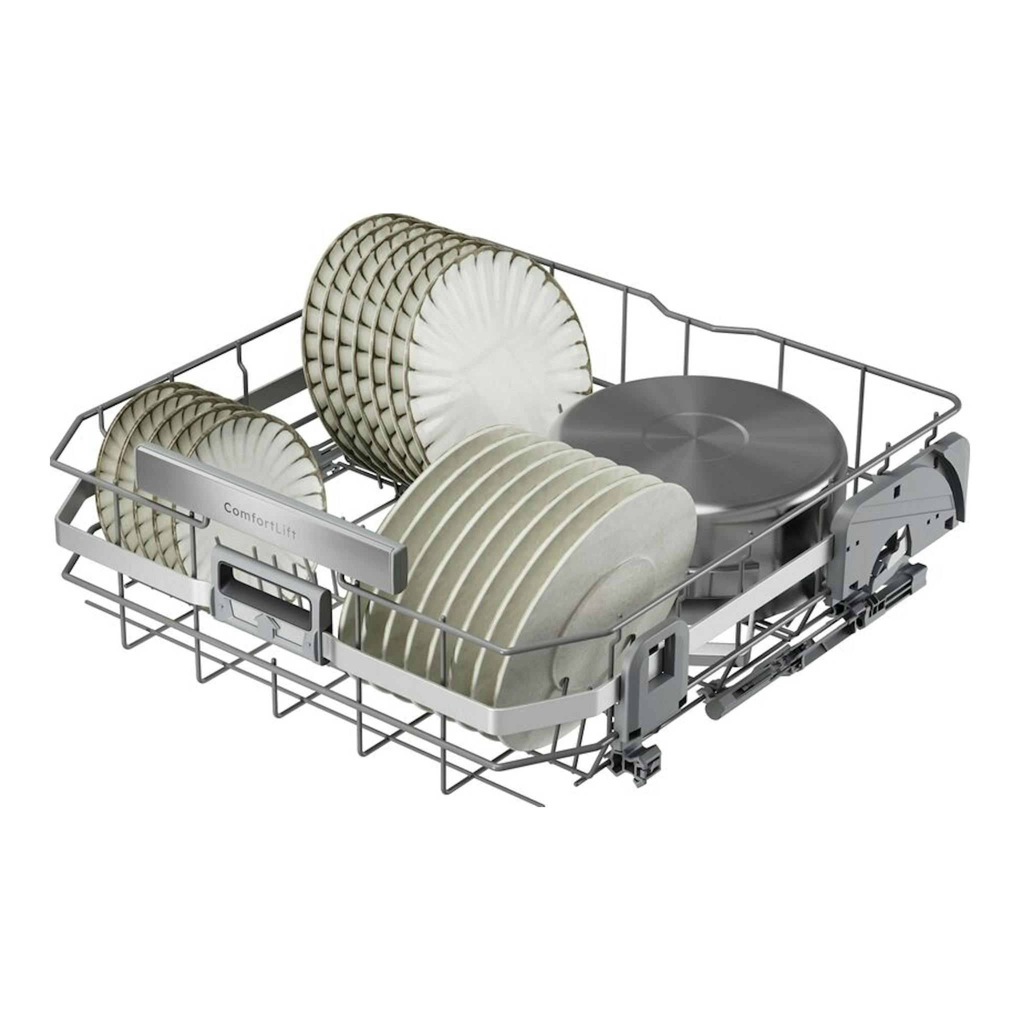 AEG GI8200X5TN: cesta interior extraíble de lavavajillas, vista lateral, gris, con platos y una cazuela.