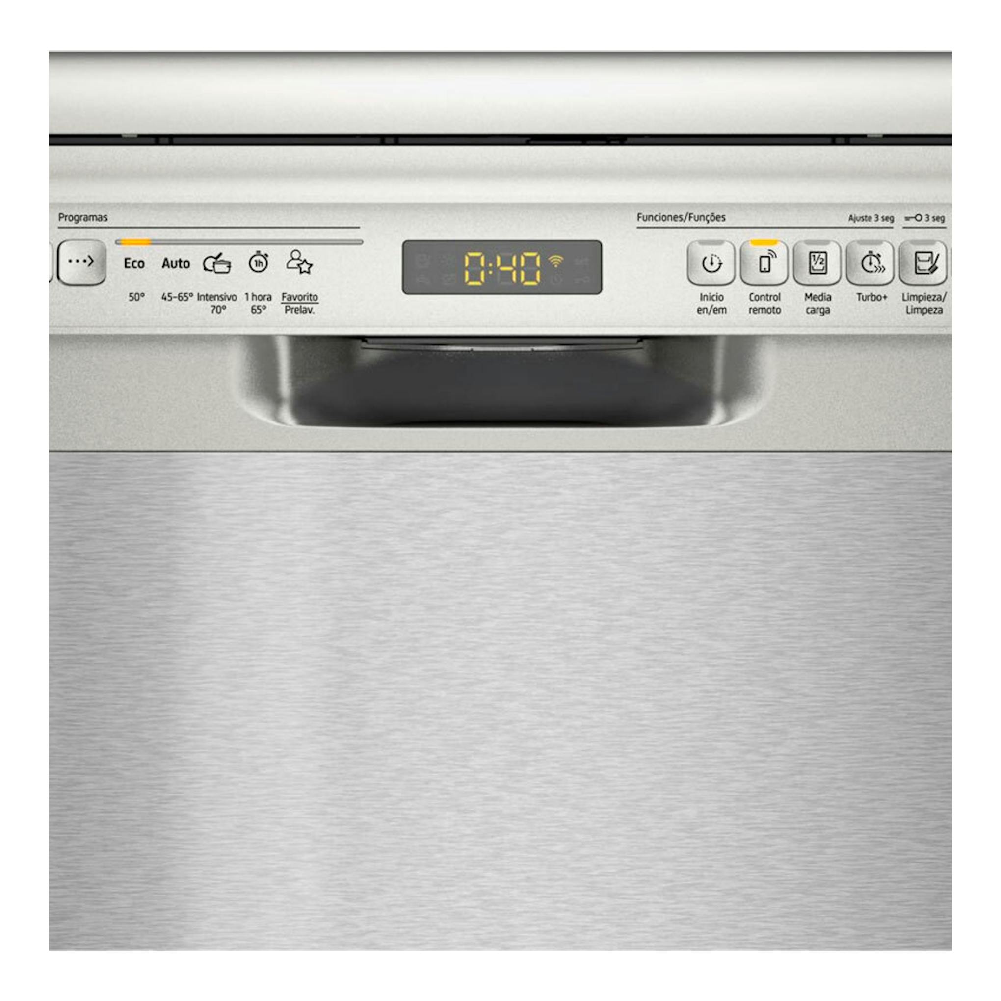 Lavavajillas Balay 3VS5032IP de acero inoxidable, vista frontal con panel de control y display.