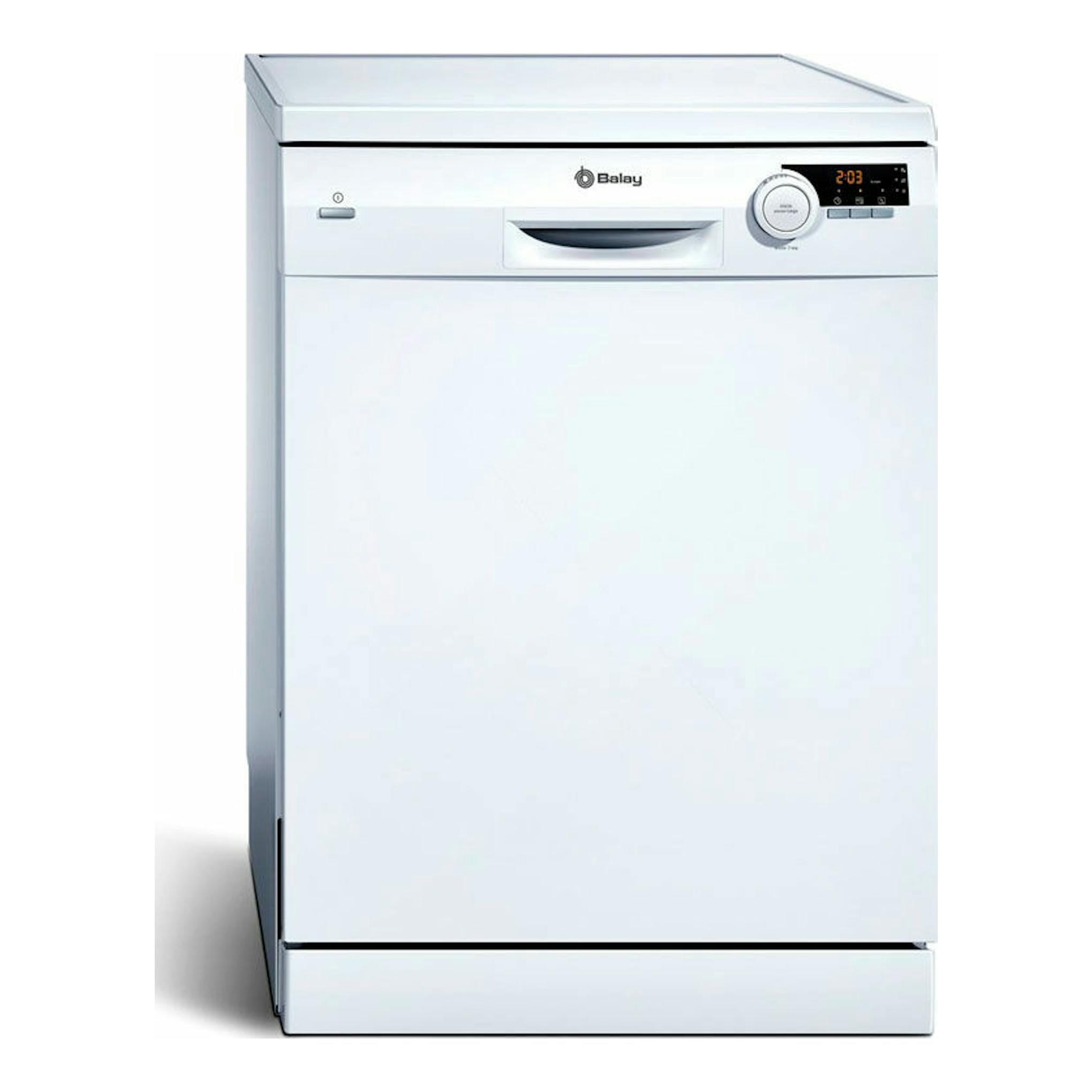 Lavavajillas Balay 3VS506BP blanco, vista frontal, con panel superior y display digital.