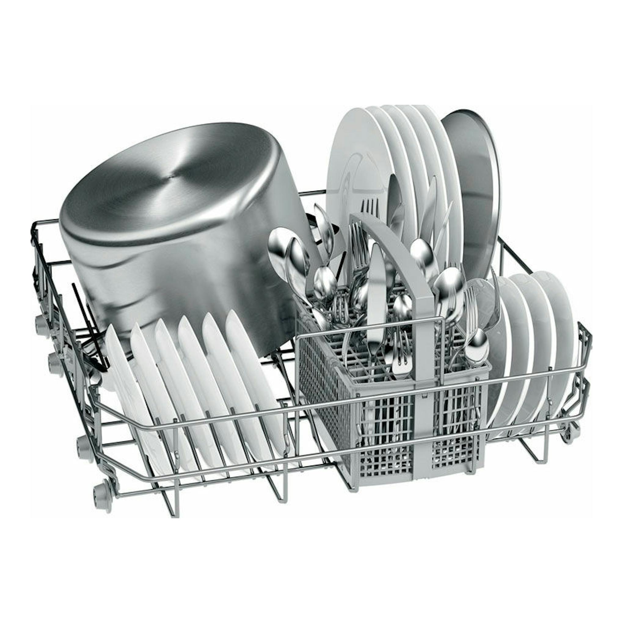 Balay 3VS506IP 60 cm: cesta de lavavajillas con platos, vasos, ollas y cubiertos en vista frontal.