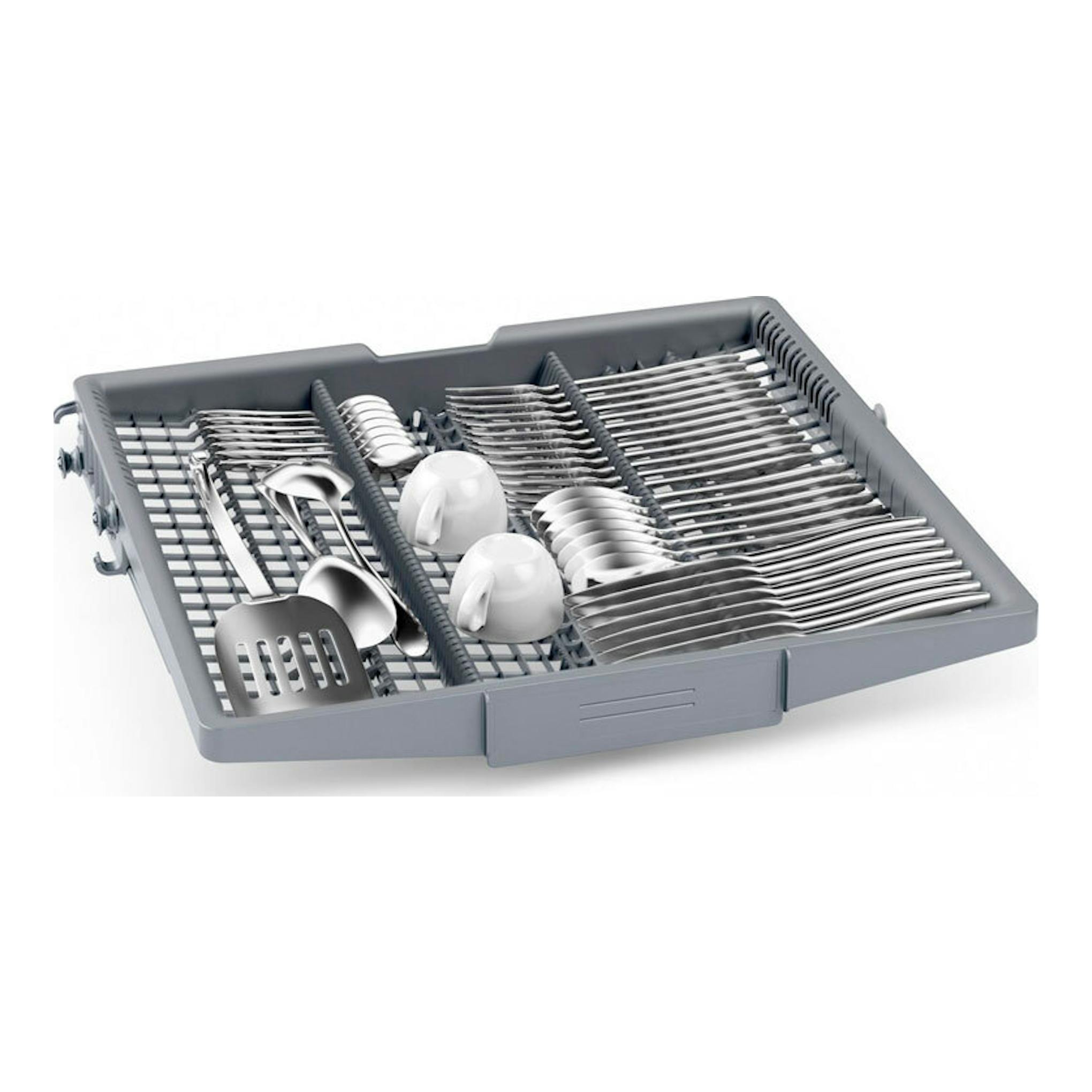 Bandeja gris para cubiertos de lavavajillas Balay 3VS5332IP, vista en ángulo.