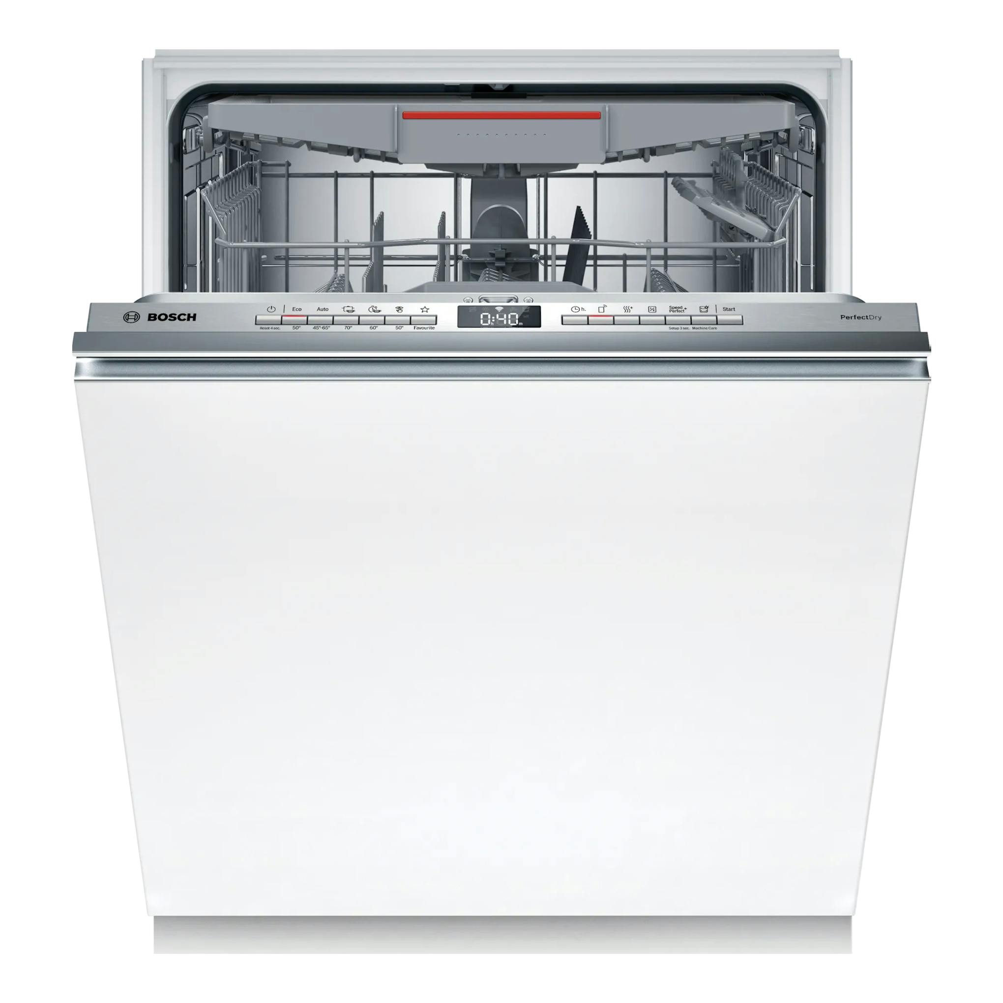 Lavavajillas integrable Bosch SBV6YCX02E, vista frontal con puerta abierta e interior gris.